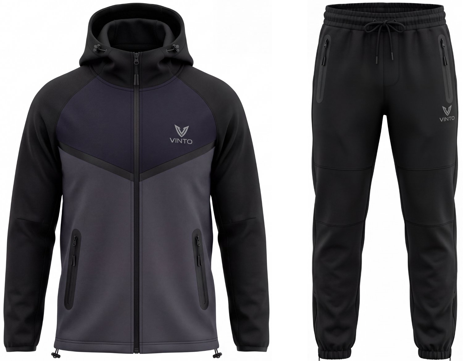 Vinto® Trainingspak Heren - Joggingpak - Sportkleding - Met Capuchon - Ritszakken - Zwart/Paars - Maat XL