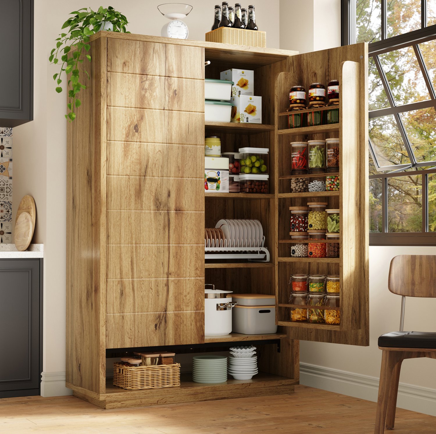 COVREO Keukenkast met drukdeuren – Hoge opberger met 8 open vakken – Opbergmeubel voor keuken – 100x40x162,5 cm – Licht eiken Hout