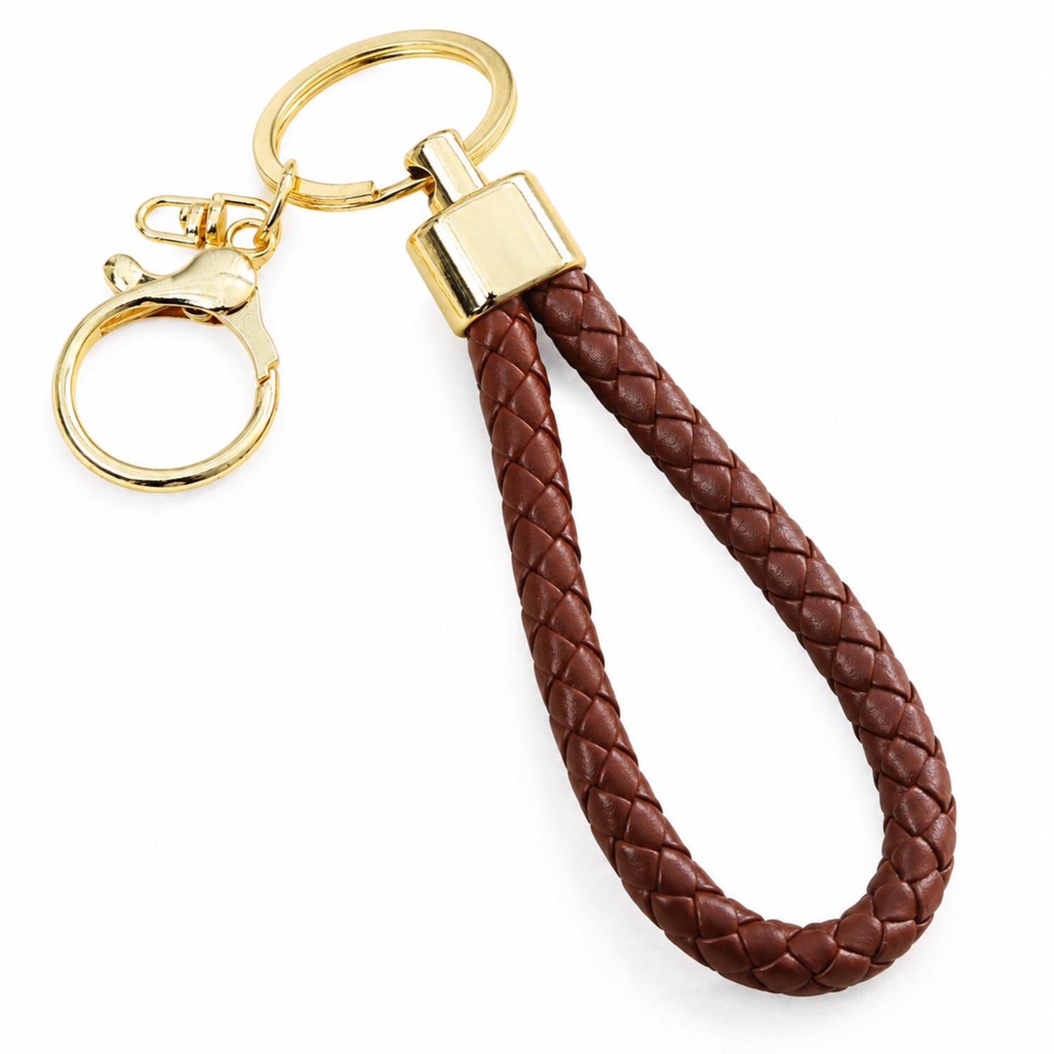 Sleutelhanger met bruin gevlochten PU-koord, lus, sleutelring en goudkleurige sluiting