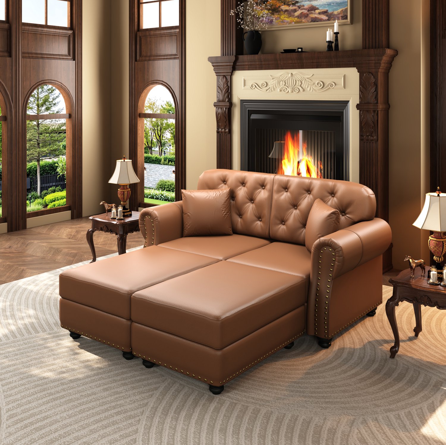 MIVRAY Chesterfield Bank 160 x 76 x 86 cm - Tweezitsbank met Twee Verplaatsbare Voetenbanken - Voor Woonkamer - Kunstleer - Bruin