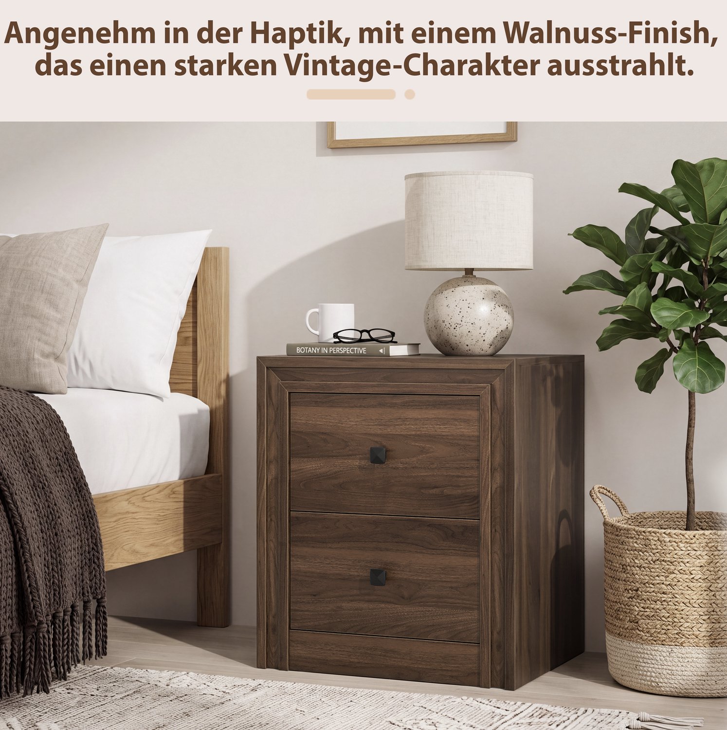 OKWISH Nachtkastje - 2 Lades met Soepel Lopende Geleiders - Voor Slaapkamer en Woonkamer - MDF en Spaanplaat Donkerbruin - 39 x 46 x 53,5 cm Donkerbruin, walnootkleur