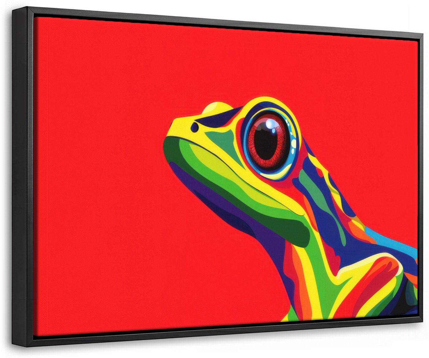 Canvas Schilderij met Baklijst 30x20cm - Kikker - Kleurrijk - Strepen - Ogen - Muurdecoratie woonkamer - Slaapkamer decoratie - Kamer accessoires - Schilderijen op canvas met lijst