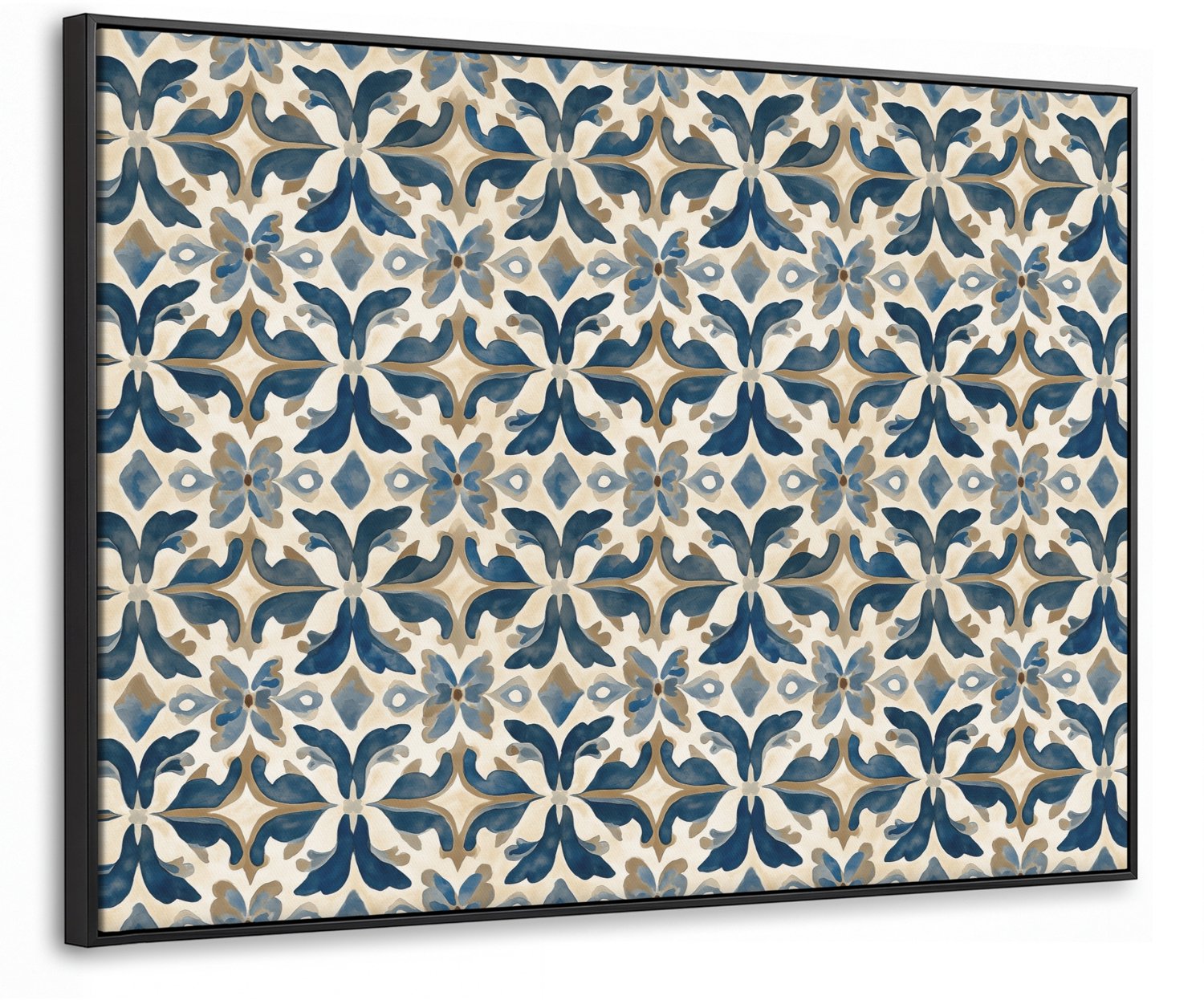 Canvas Schilderij met Baklijst 80x60cm - Tegel - Patroon - Blauw - Beige - Muurdecoratie woonkamer - Slaapkamer decoratie - Kamer accessoires - Schilderijen op canvas met lijst