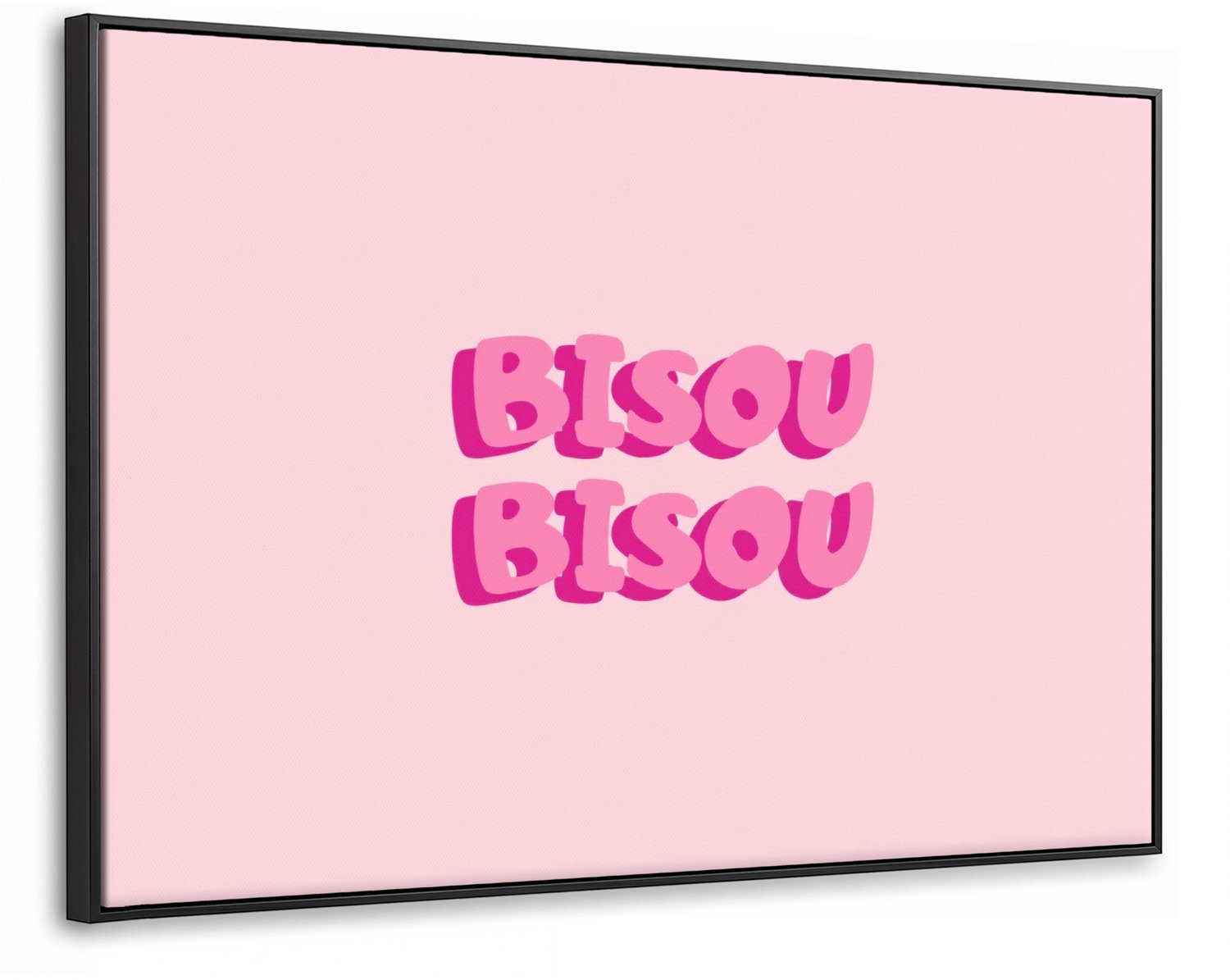 Canvas Schilderij met Baklijst 90x60cm - Bisou - Roze - Dikke letters - Muurdecoratie woonkamer - Slaapkamer decoratie - Kamer accessoires - Schilderijen op canvas met lijst
