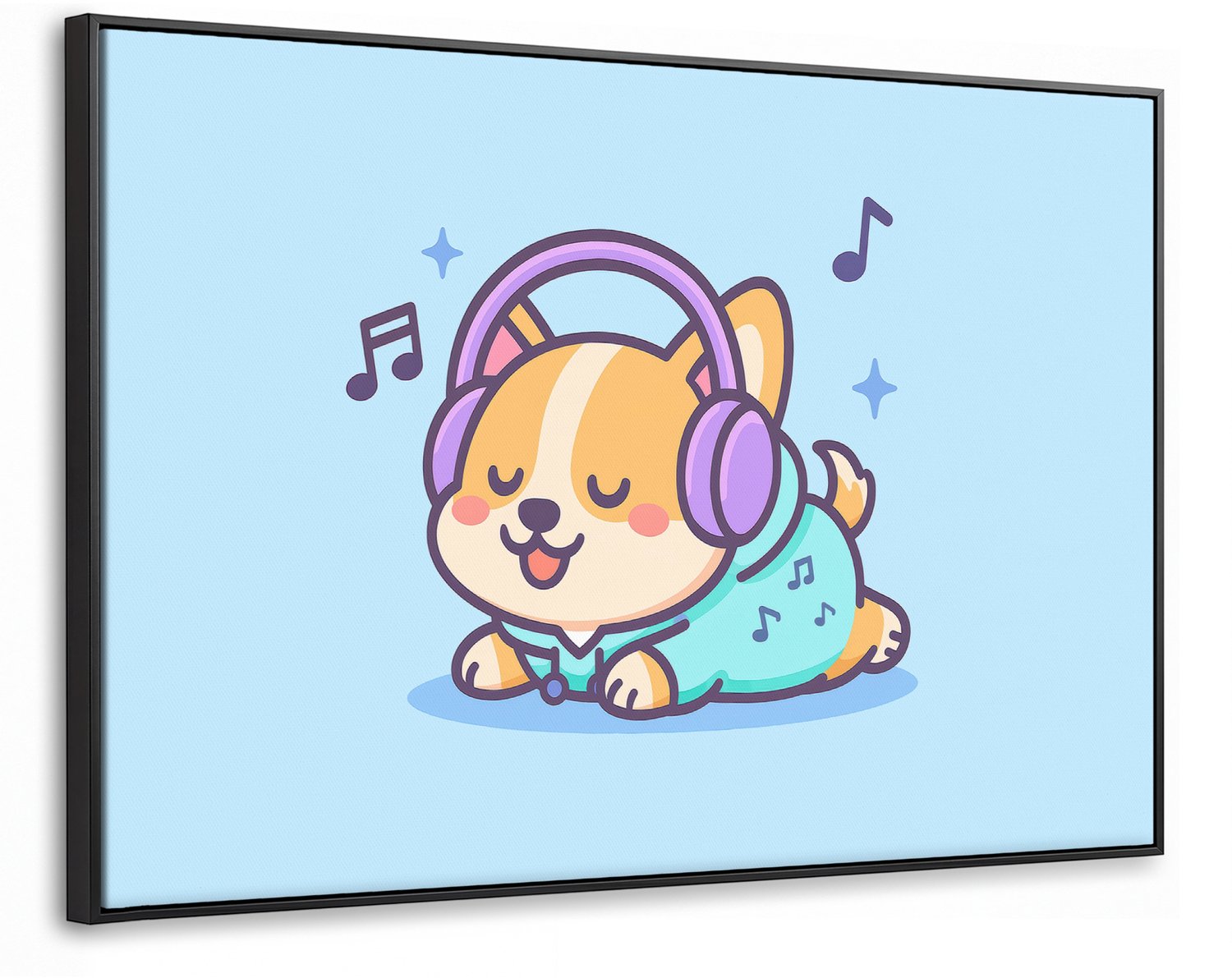 Canvas Schilderij met Baklijst 90x60cm - Corgi - Koptelefoon - Blauw - Muzieknoten - Muurdecoratie woonkamer - Slaapkamer decoratie - Kamer accessoires - Schilderijen op canvas met lijst