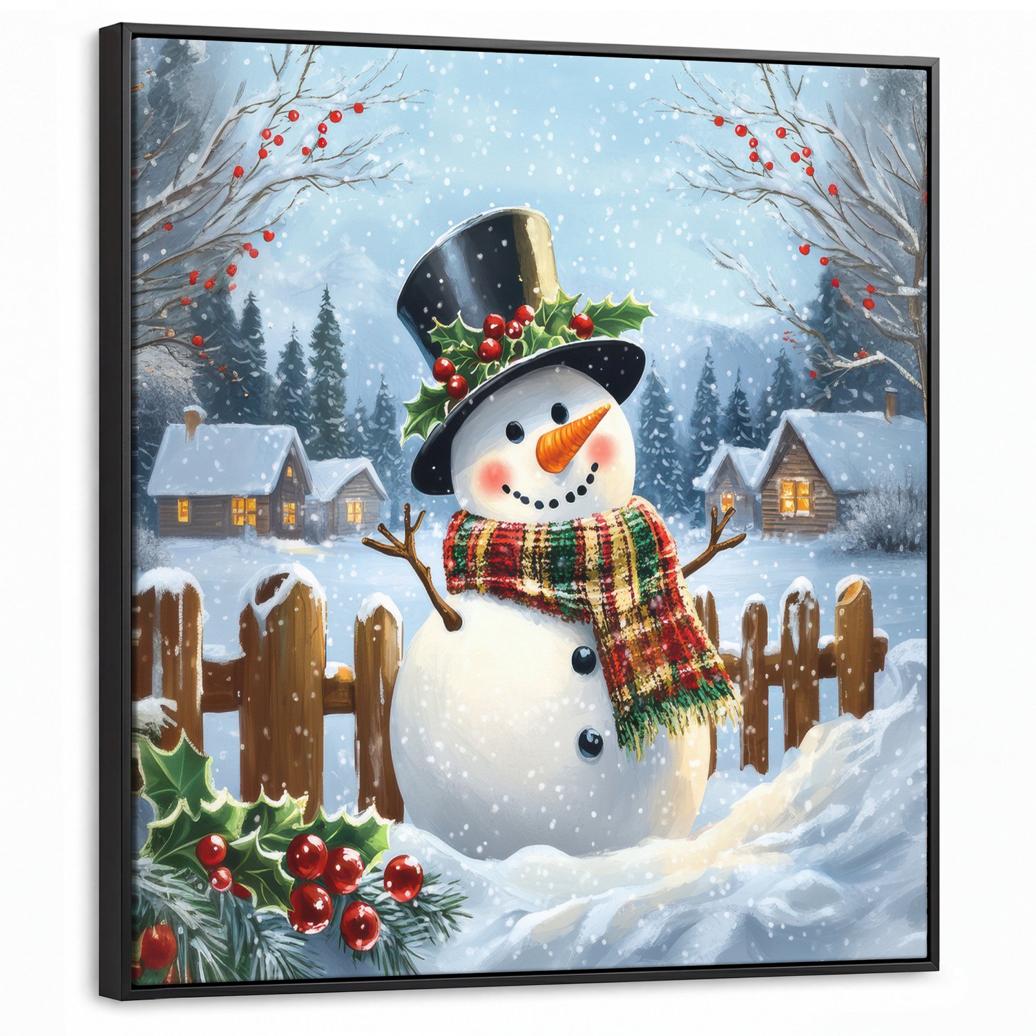 Canvas Schilderij met Baklijst 90x90cm - Sneeuwpop - Winterdorp - Kleurrijk - Muurdecoratie woonkamer - Slaapkamer decoratie - Kamer accessoires - Schilderijen op canvas met lijst