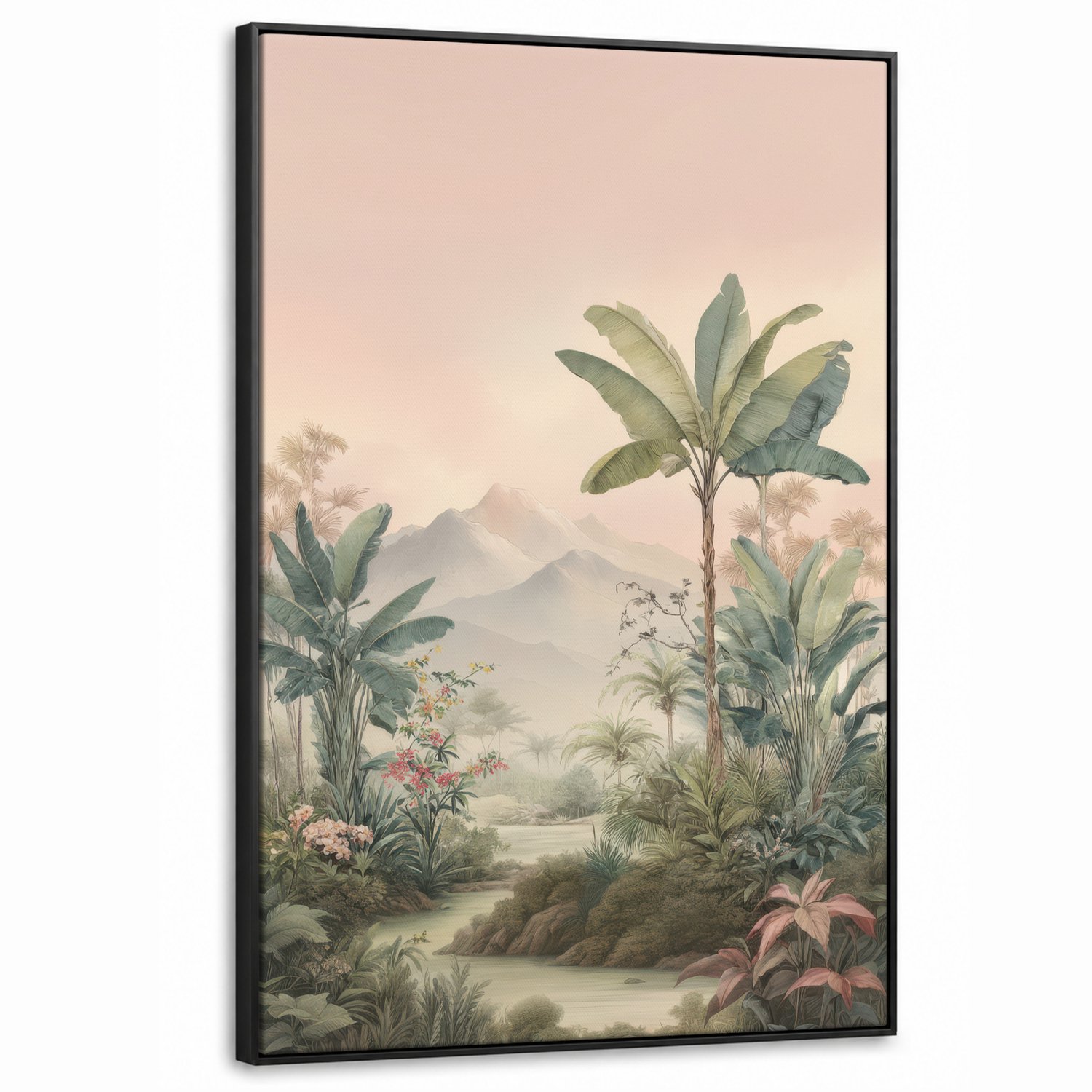 Canvas Schilderij met Baklijst XXL Canvas Schilderij met Baklijst 90x140cm - Tropisch landschap - palmbomen - Bloemen - Roze lucht - Muurdecoratie woonkamer - Slaapkamer decoratie - Kamer accessoires - Schilderijen op canvas met lijst groot