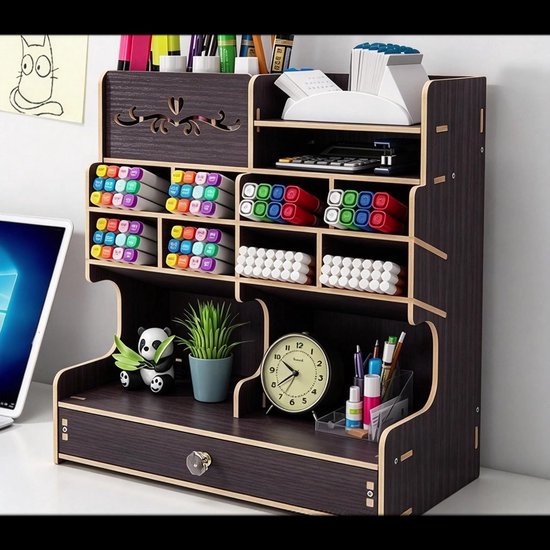 Bureau Organizer met Lade Pennenhouder - Zwart Houtlook 13 Vakken 28,2×15,1×30cm - Multifunctioneel voor Kantoorartikelen, Thuis, Kantoor en Studie