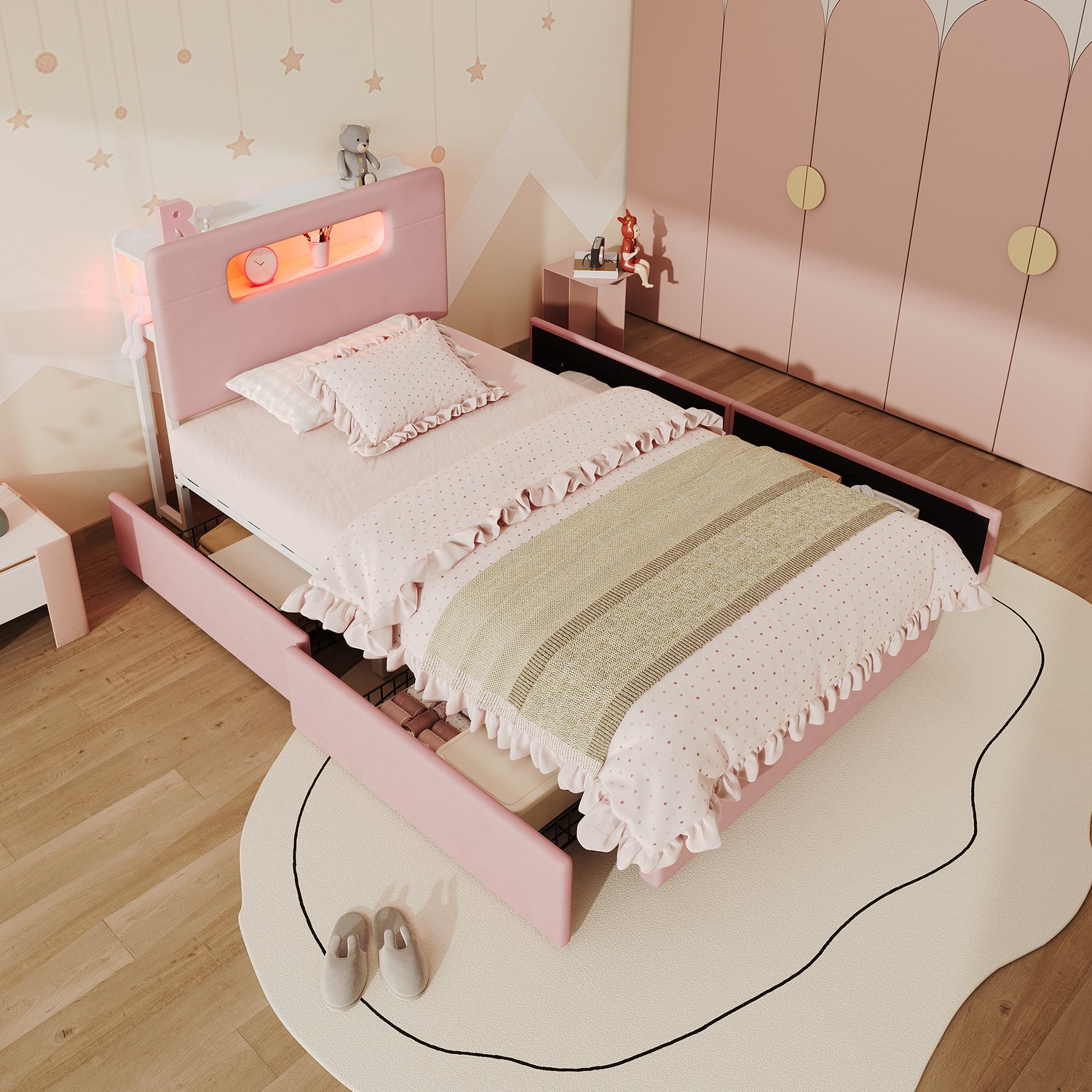 Wishdor Kinderbed 90x200 cm - Roze gestoffeerd bed met 4 lades - Open hoofdbord met opbergruimte en legplanken - LED-verlichting via app - Fluweel en MDF - Kinderkamer jeugdkamer