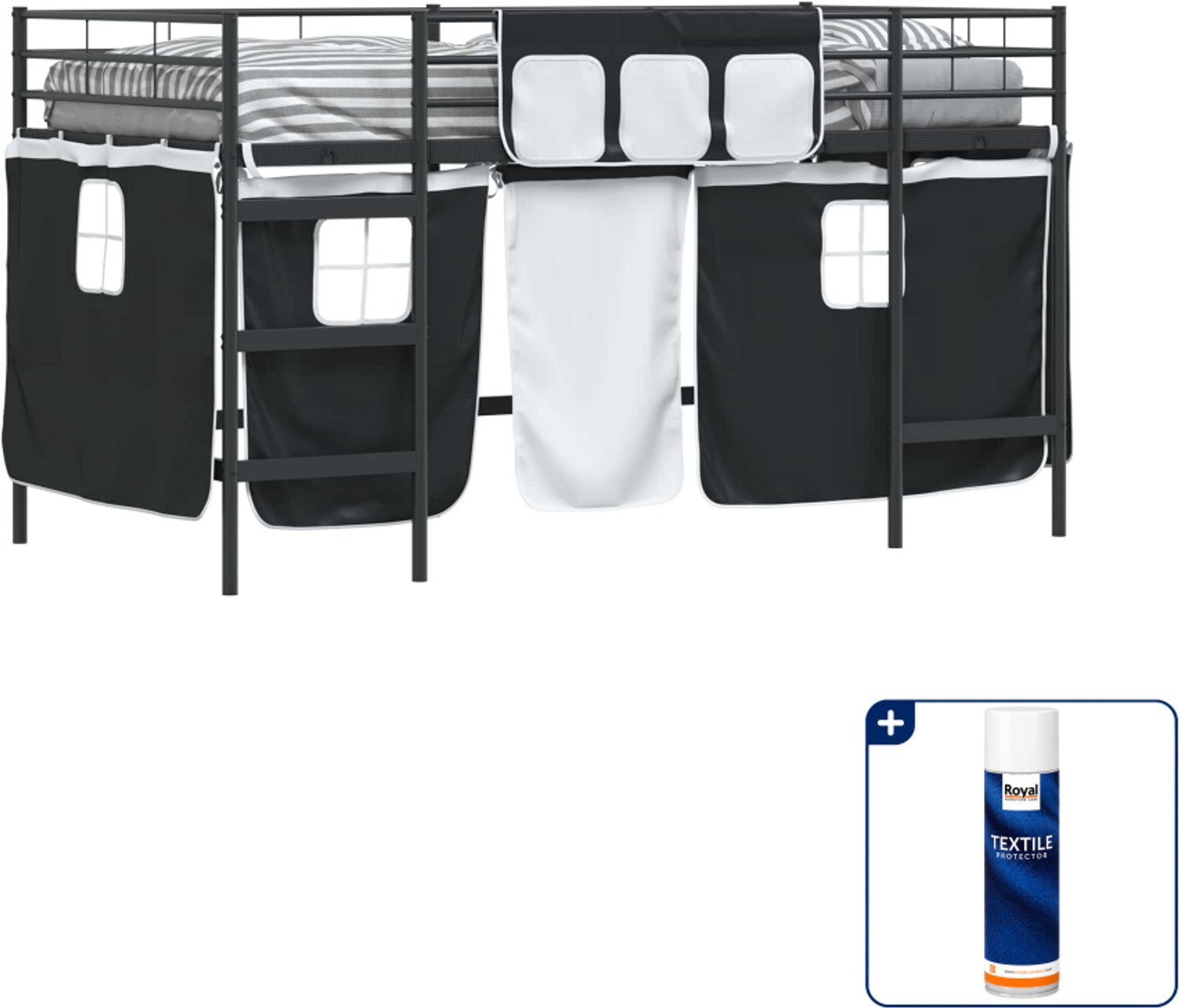 vidaXL kinderhoogslaper met gordijnen - 90 x 200 cm - metaal - zwart - Inclusief textielbeschermer 500 ml