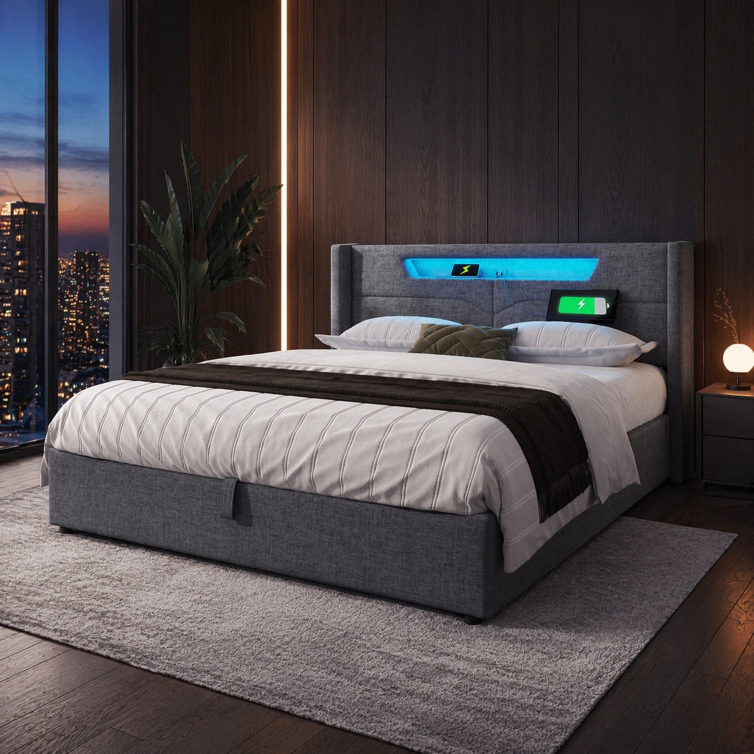 Maisentiel Grijs tweepersoonsbed 160 x 200 cm met opbergruimte, LED en USB-C