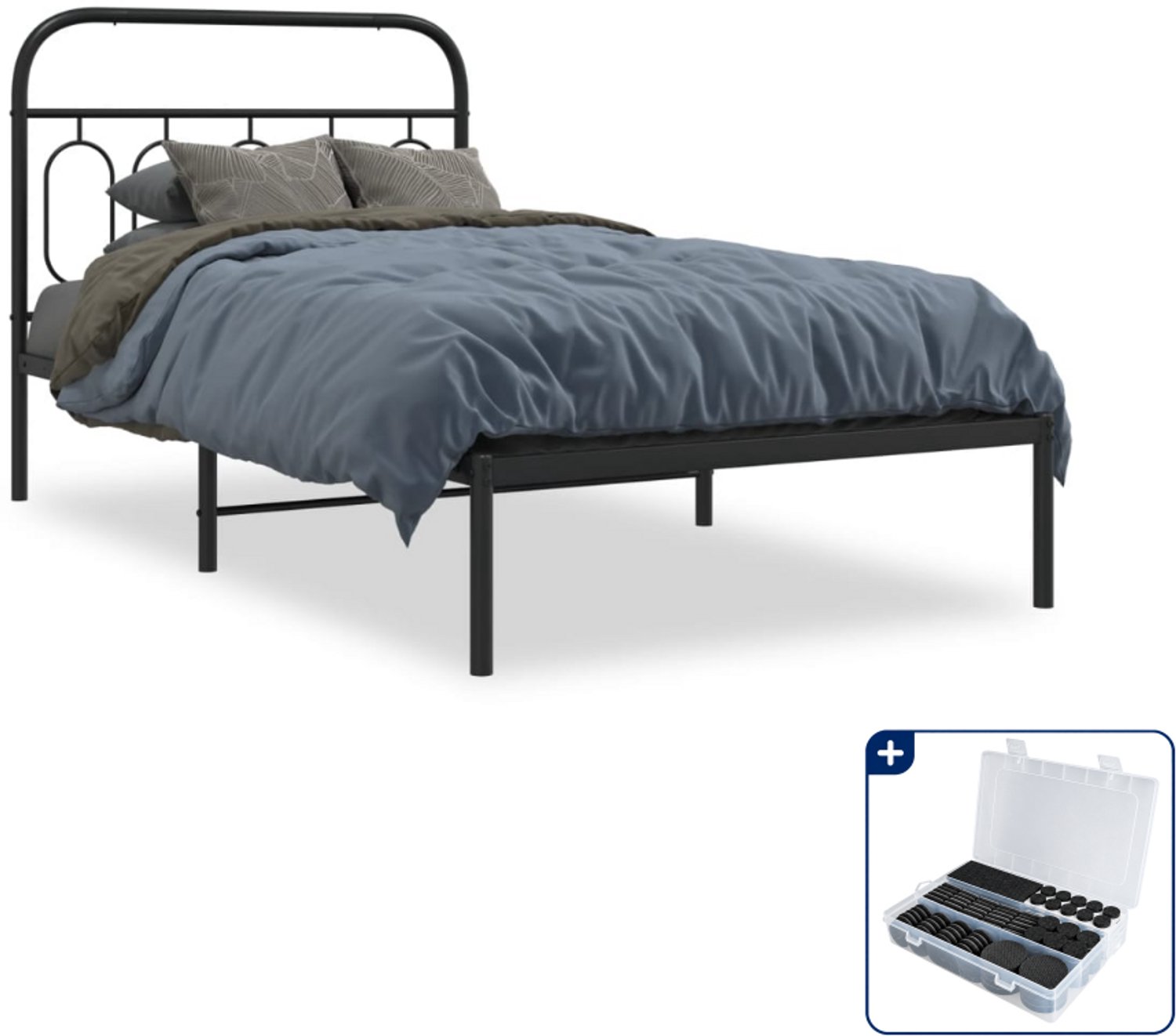 vidaXL Bedframe met hoofdbord - 107 x 203 cm - staal - zwart - Inclusief antikrasvilt 177-delig