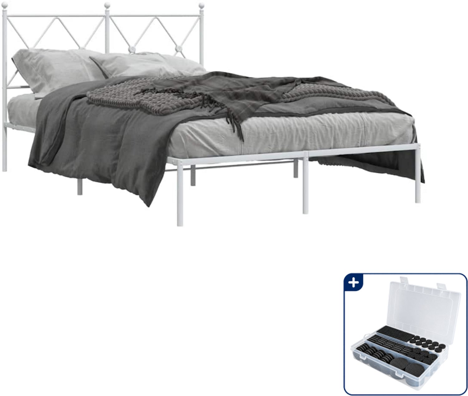 vidaXL bedframe met hoofdbord - 120 x 200 cm - staal - wit - Inclusief antikrasvilt 177-delig