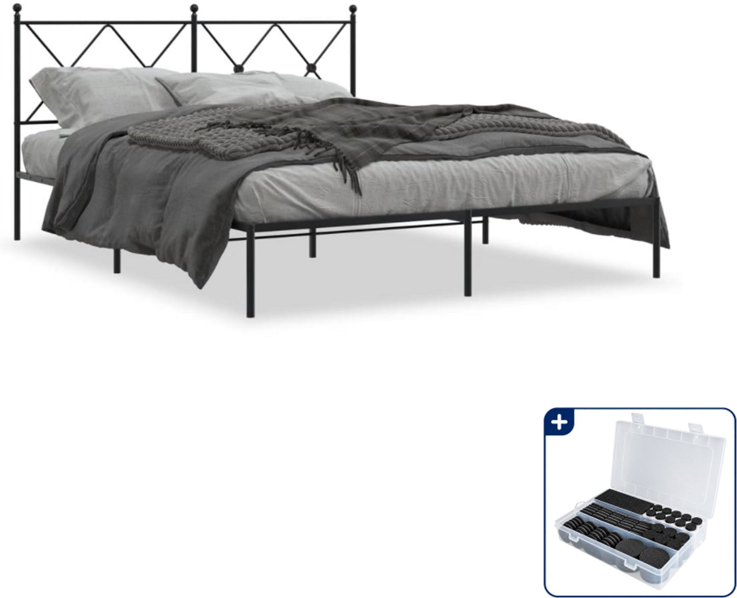 vidaXL Queensize bedframe met hoofdbord - 160 x 200 cm - staal - zwart - Inclusief antikrasvilt 177-delig