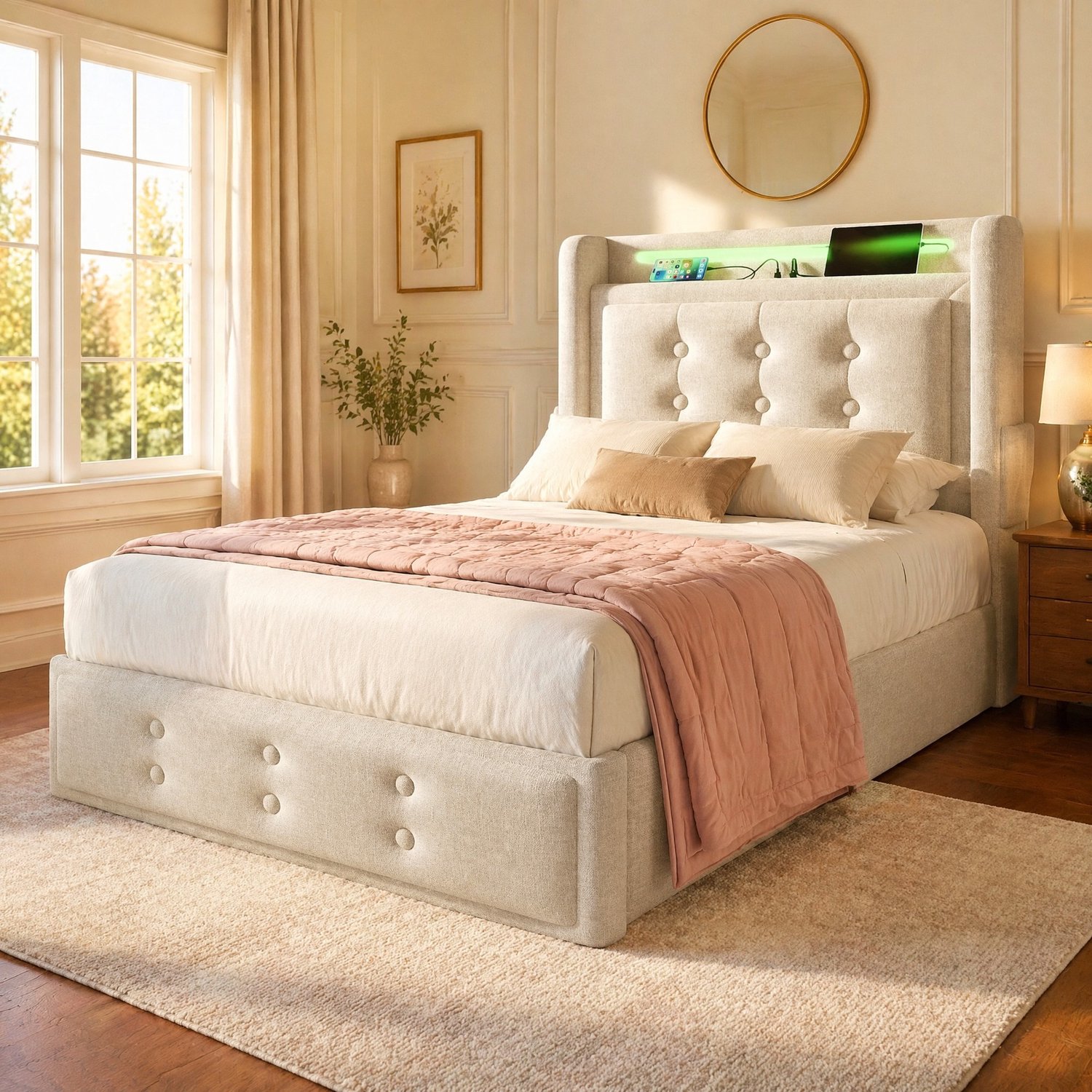 Maisentiel Beige gestoffeerd eenpersoonsbed 90x200 cm met opbergruimte, LED en USB-C