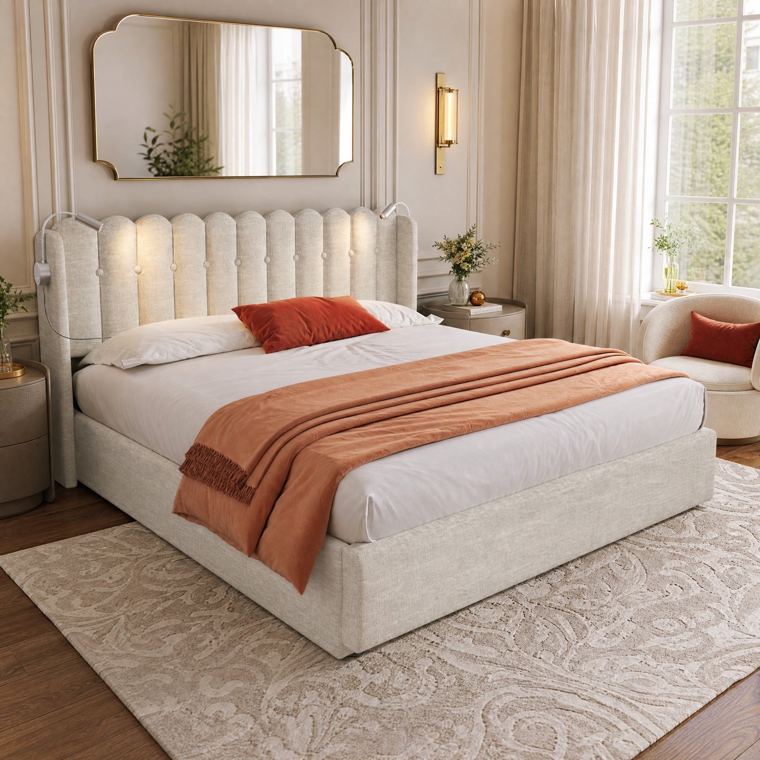 Maisentiel Gestoffeerd tweepersoonsbed 140 x 200 cm met opbergruimte, leeslamp en USB - naturel Naturel beige