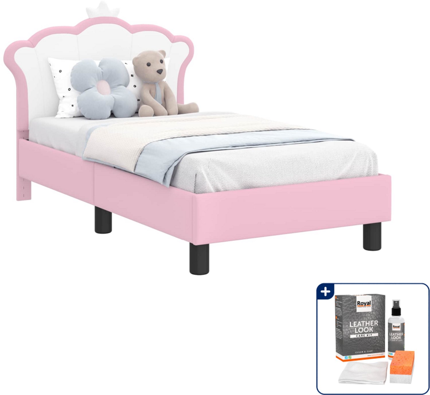 vidaXL peuterbedframe - 70 x 140 cm - bewerkt hout - roze - Inclusief onderhoudsset voor kunstleer 150 ml