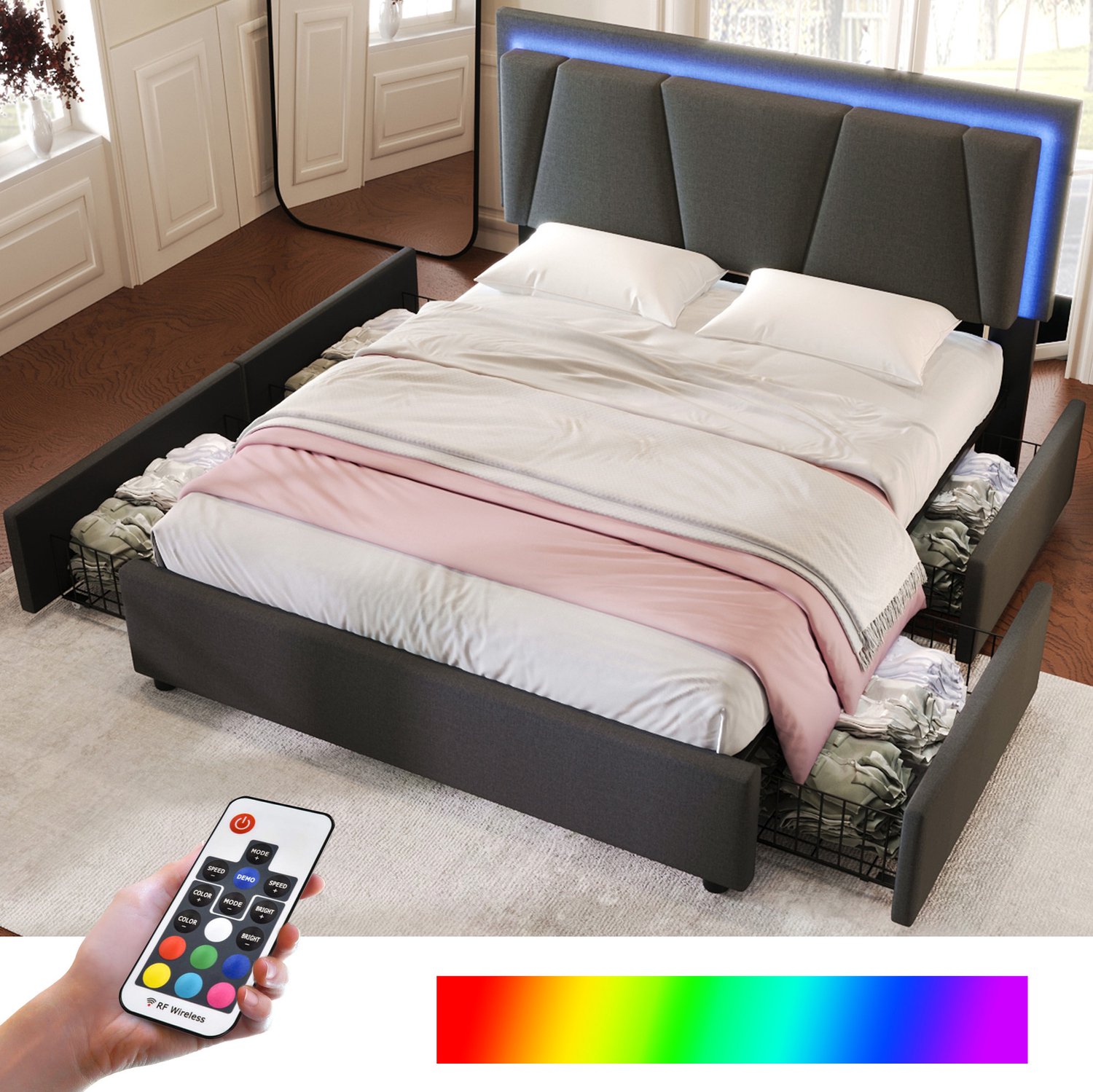 Maisentiel Grijs tweepersoonsbed 140 x 200 cm met LED-verlichting en 4 opberglades