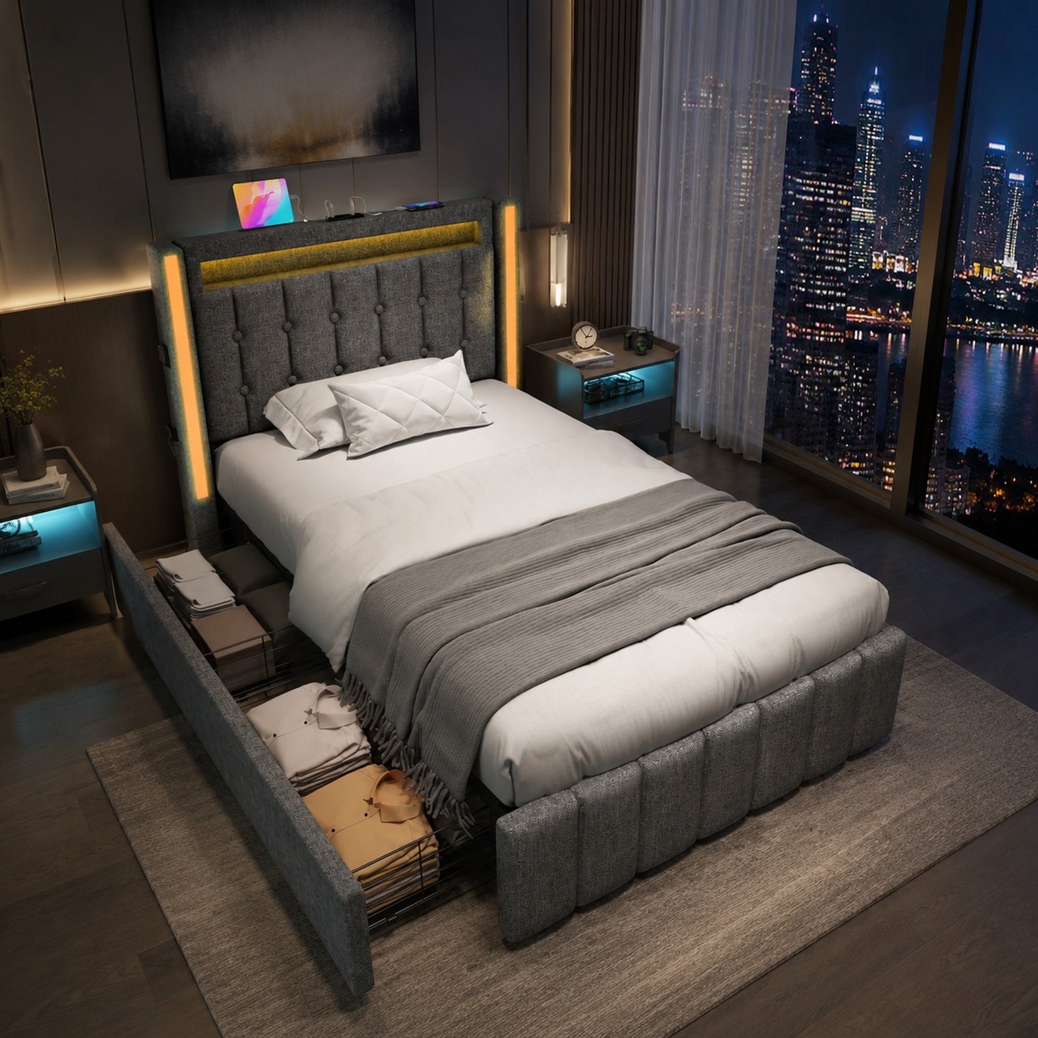 Maisentiel Gestoffeerd eenpersoonsbed 90 x 200 cm – grijs – met lades, LED en USB-C