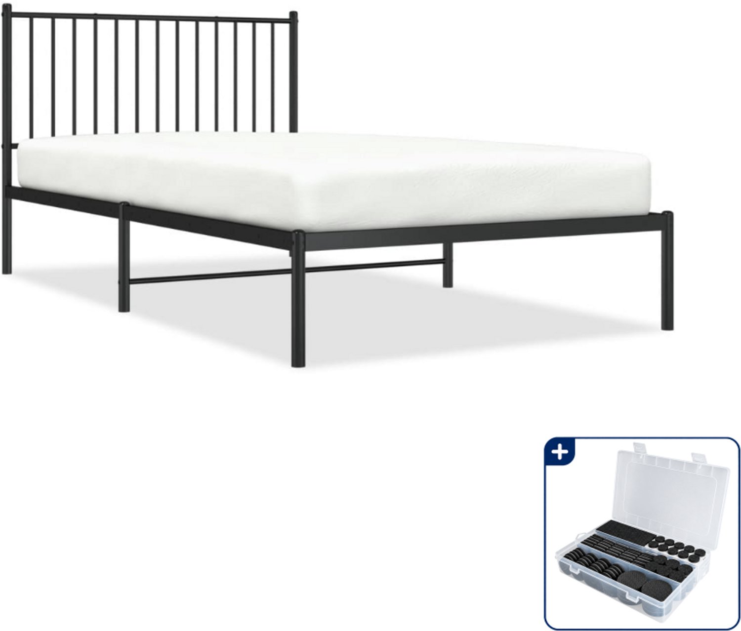 vidaXL Bedframe met hoofdbord - 107 x 203 cm - staal - zwart - Inclusief antikrasvilt 177-delig
