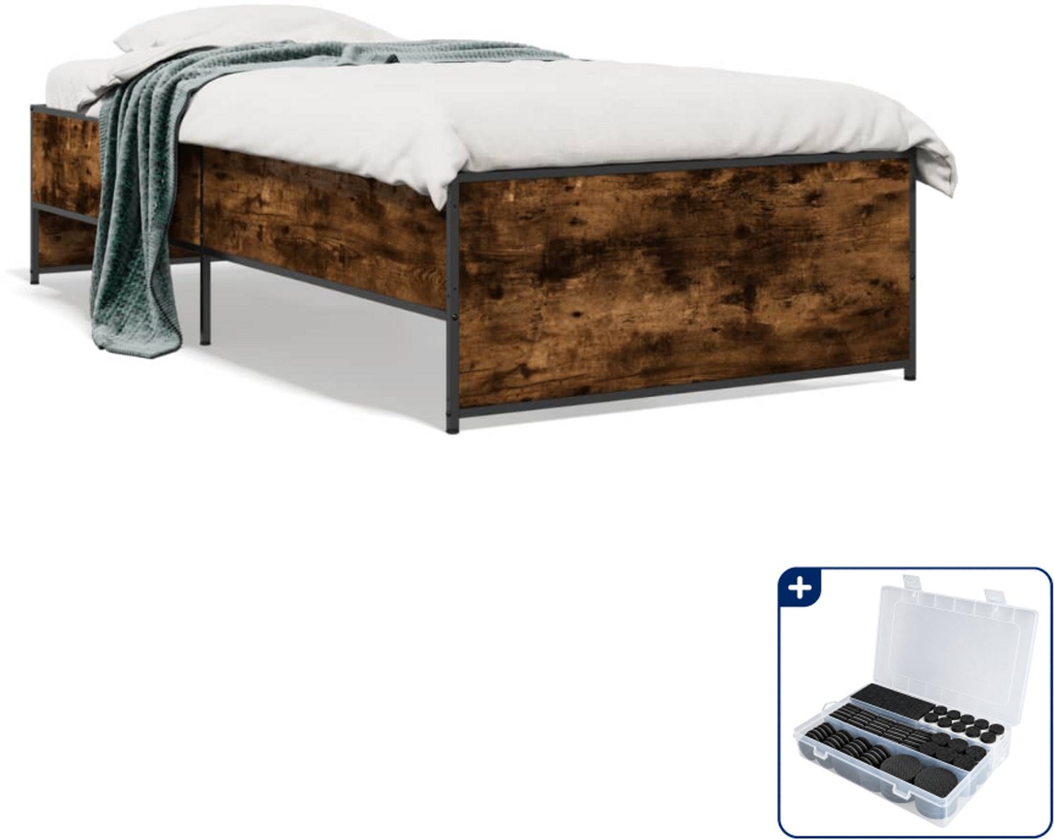 vidaXL bedframe - 100 x 200 cm - bewerkt hout en staal - gerookt eiken - Inclusief antikrasvilt 177-delig Bruin