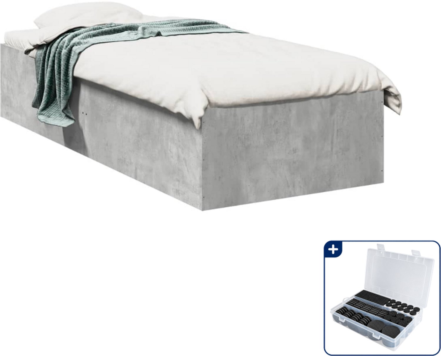 vidaXL bedframe - 75 x 190 cm - bewerkt hout - betongrijs - Inclusief antikrasvilt 177-delig