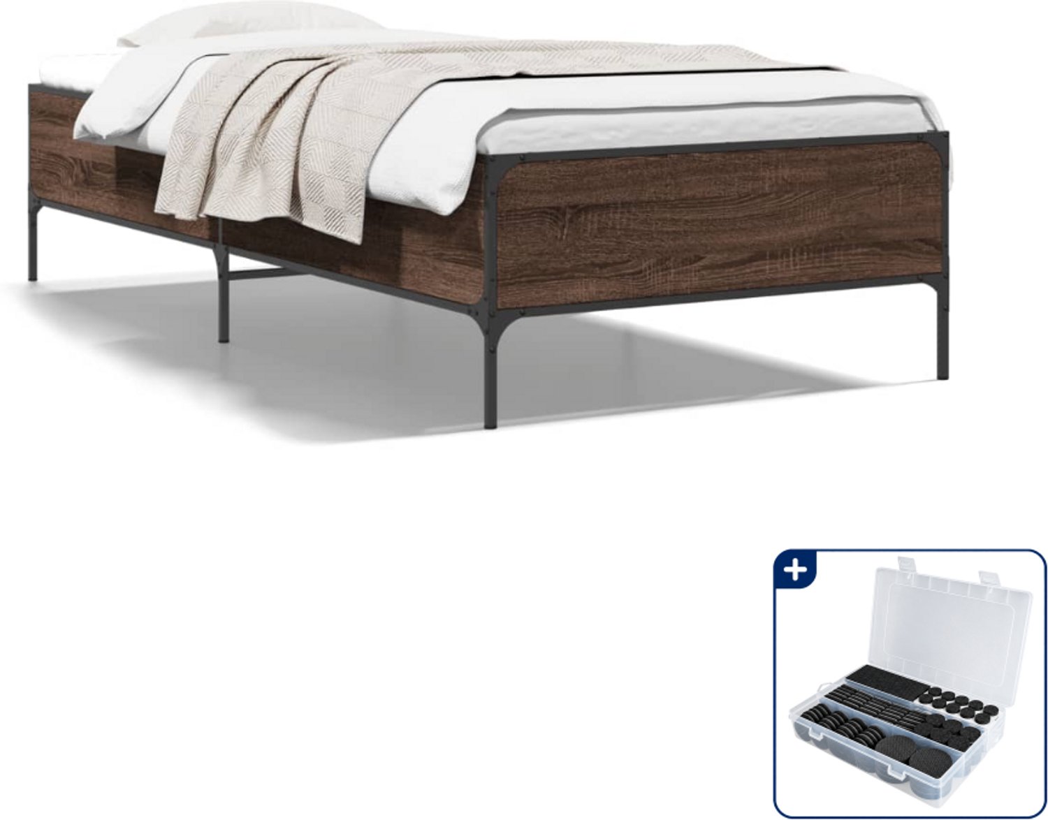 vidaXL bedframe - 75 x 190 cm - bewerkt hout en metaal - bruineiken - Inclusief antikrasvilt 177-delig