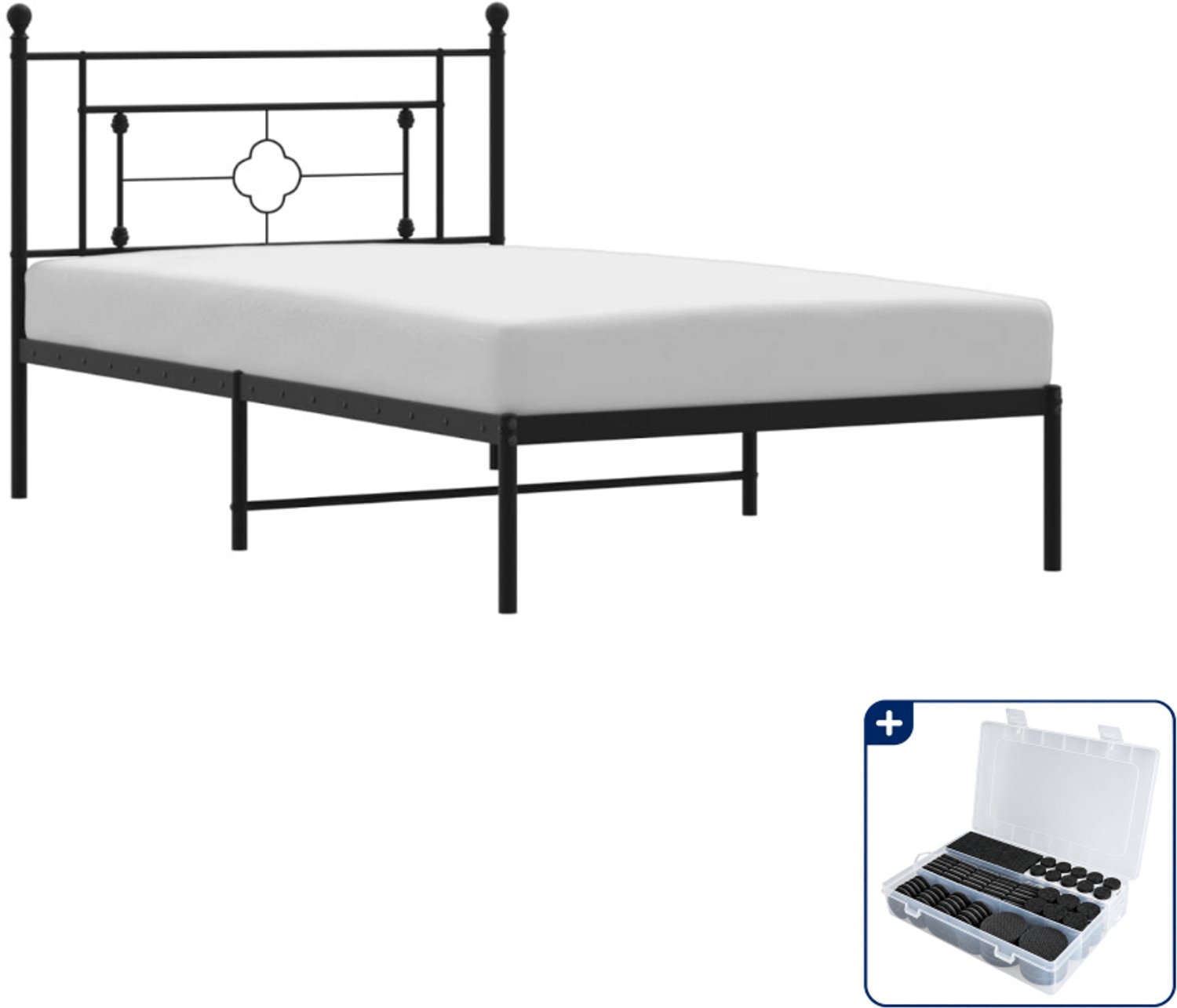 vidaXL bedframe met hoofdbord - 107 x 203 cm - staal - zwart - Inclusief antikrasvilt 177-delig