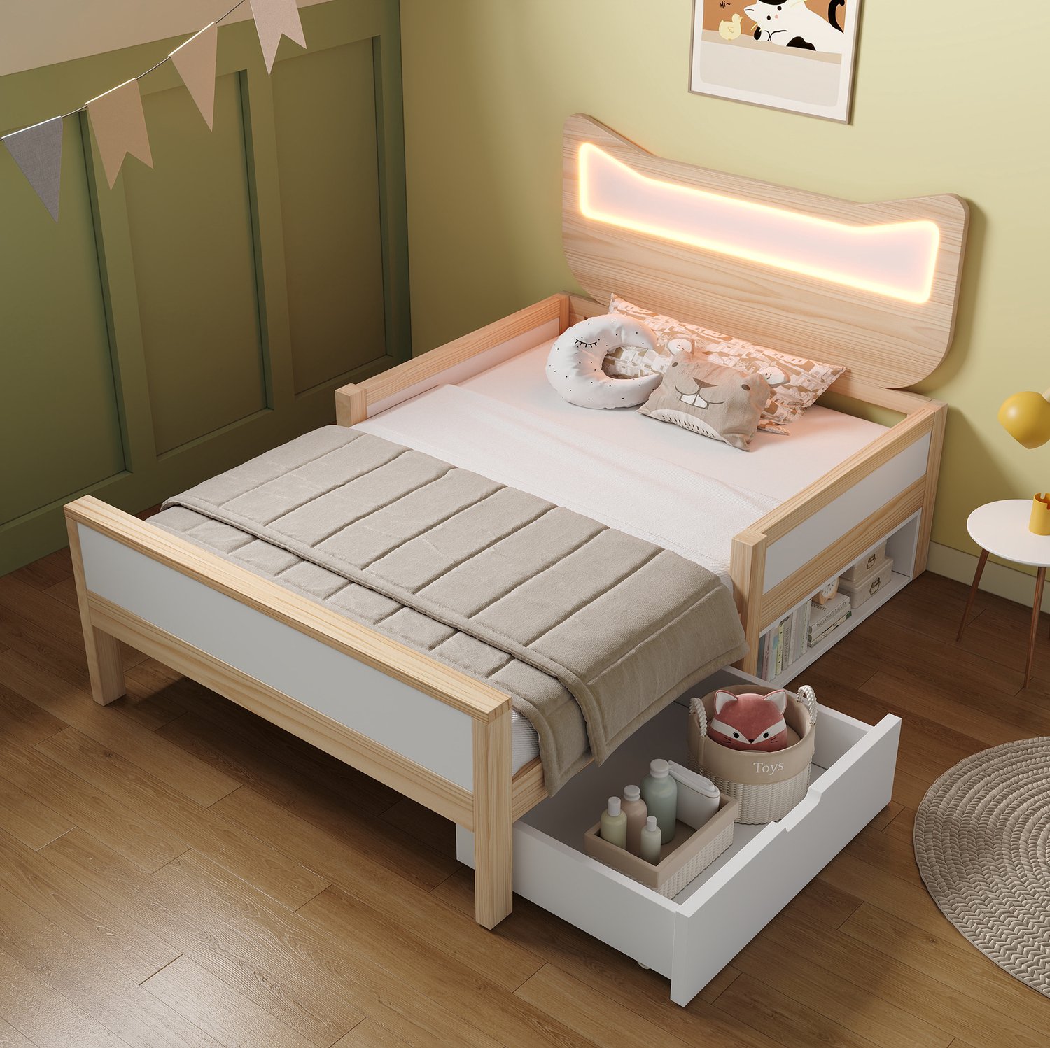 Maisentiel Kinderbed 90 x 200 cm met kattenhoofdbord, RGB-led en bedlade - wit/eikenkleur