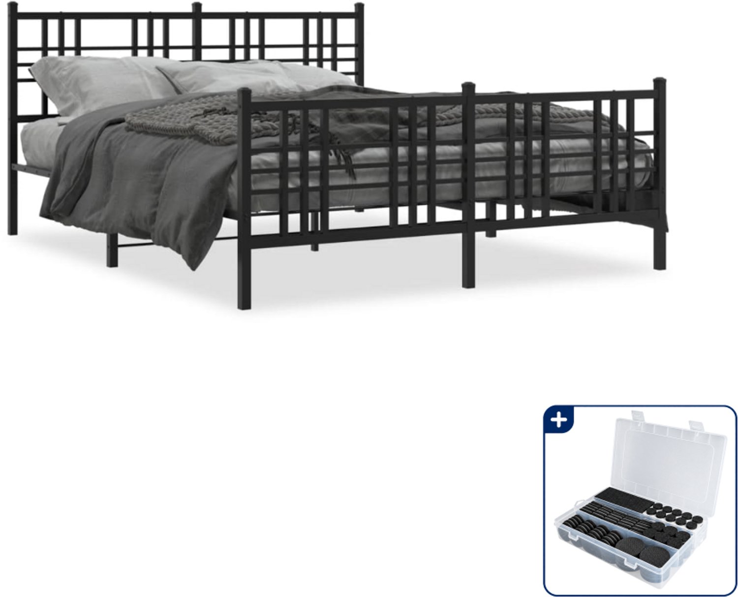 vidaXL bedframe - 150 x 200 cm - staal - zwart - Inclusief antikrasvilt 177-delig
