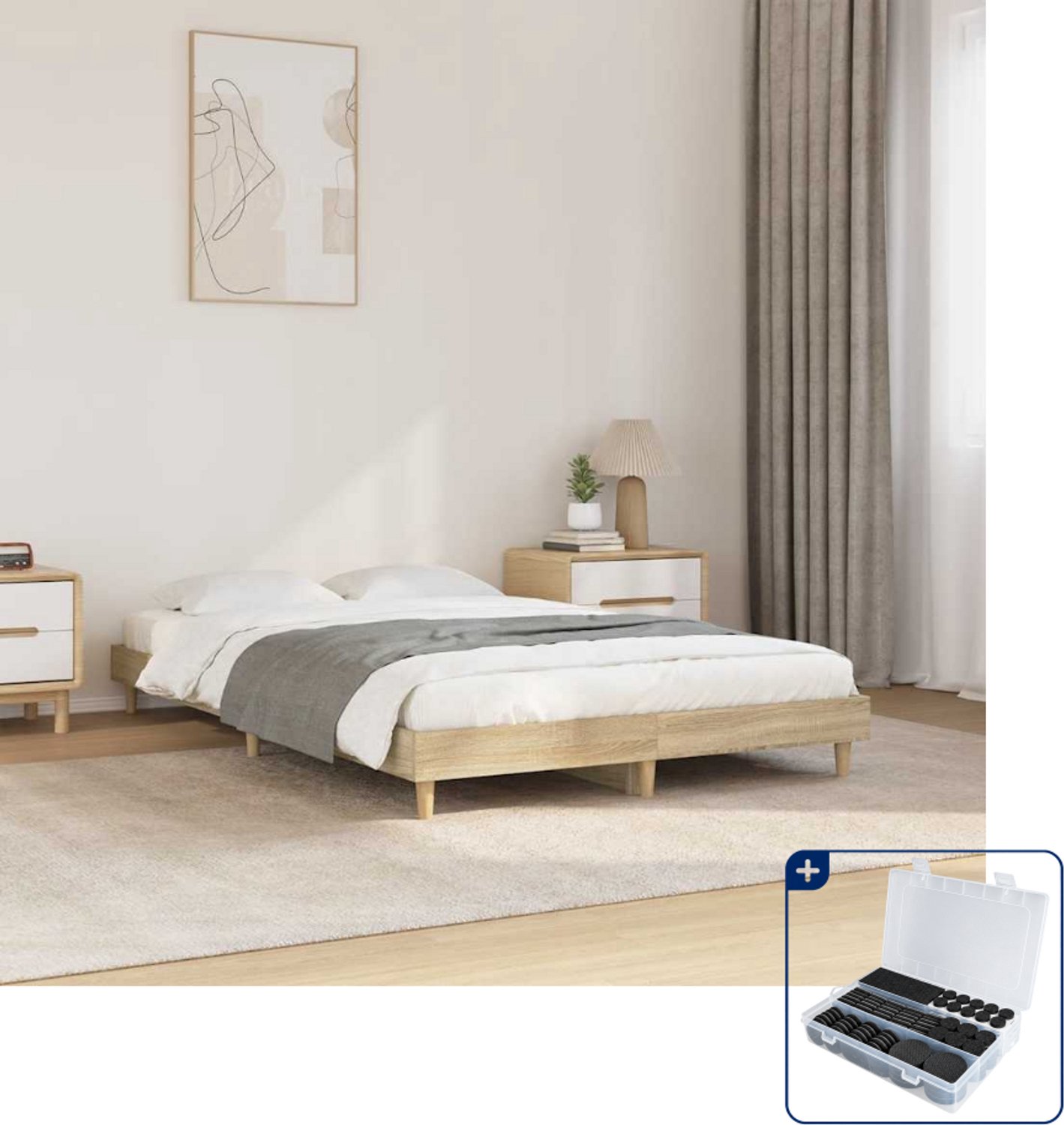 vidaXL Bedframe - 120 x 200 cm - bewerkt hout - sonoma eiken - Inclusief antikrasvilt 177-delig Bruin