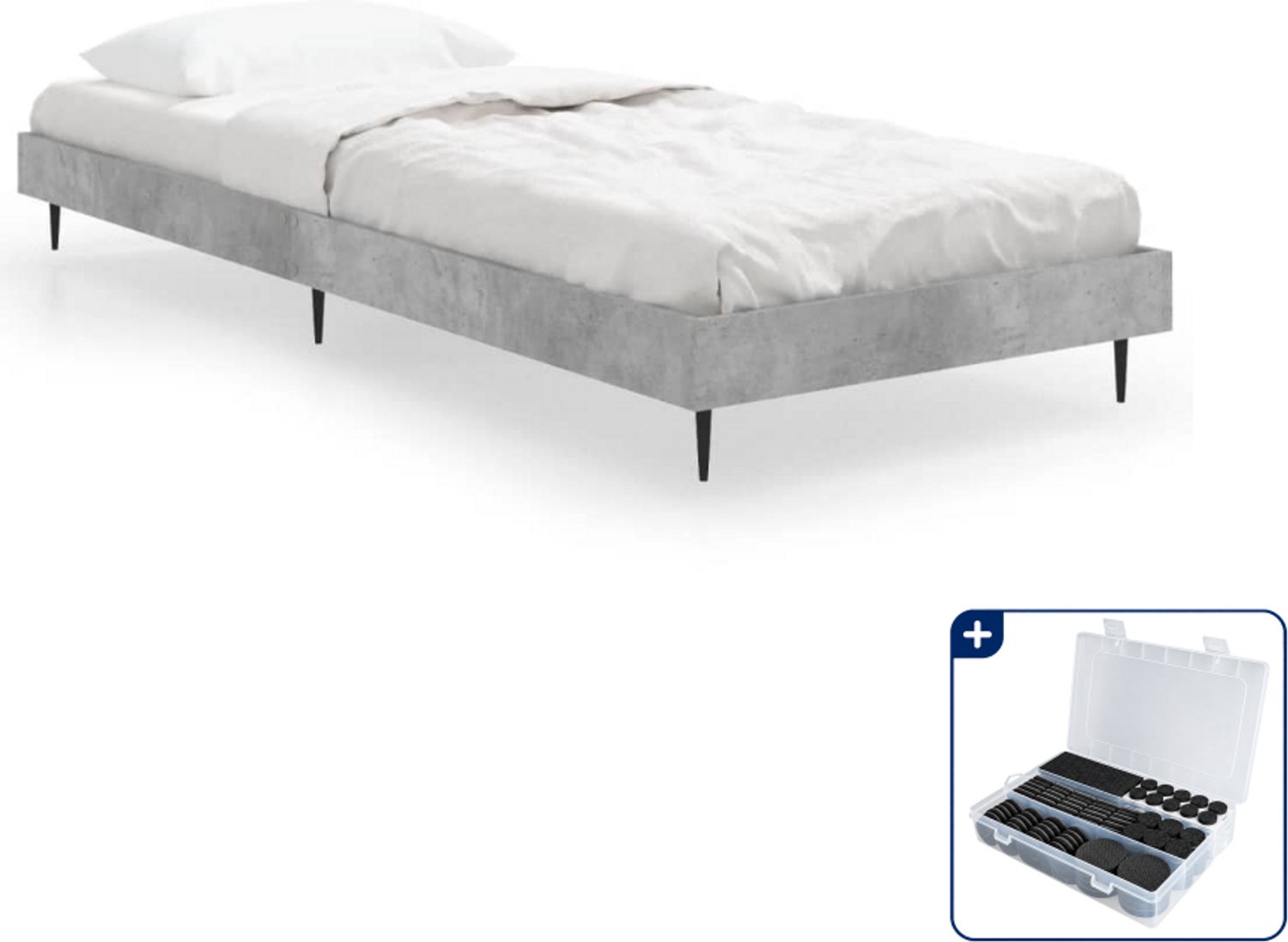 vidaXL bedframe - 75 x 190 cm - bewerkt hout - betongrijs - Inclusief antikrasvilt 177-delig