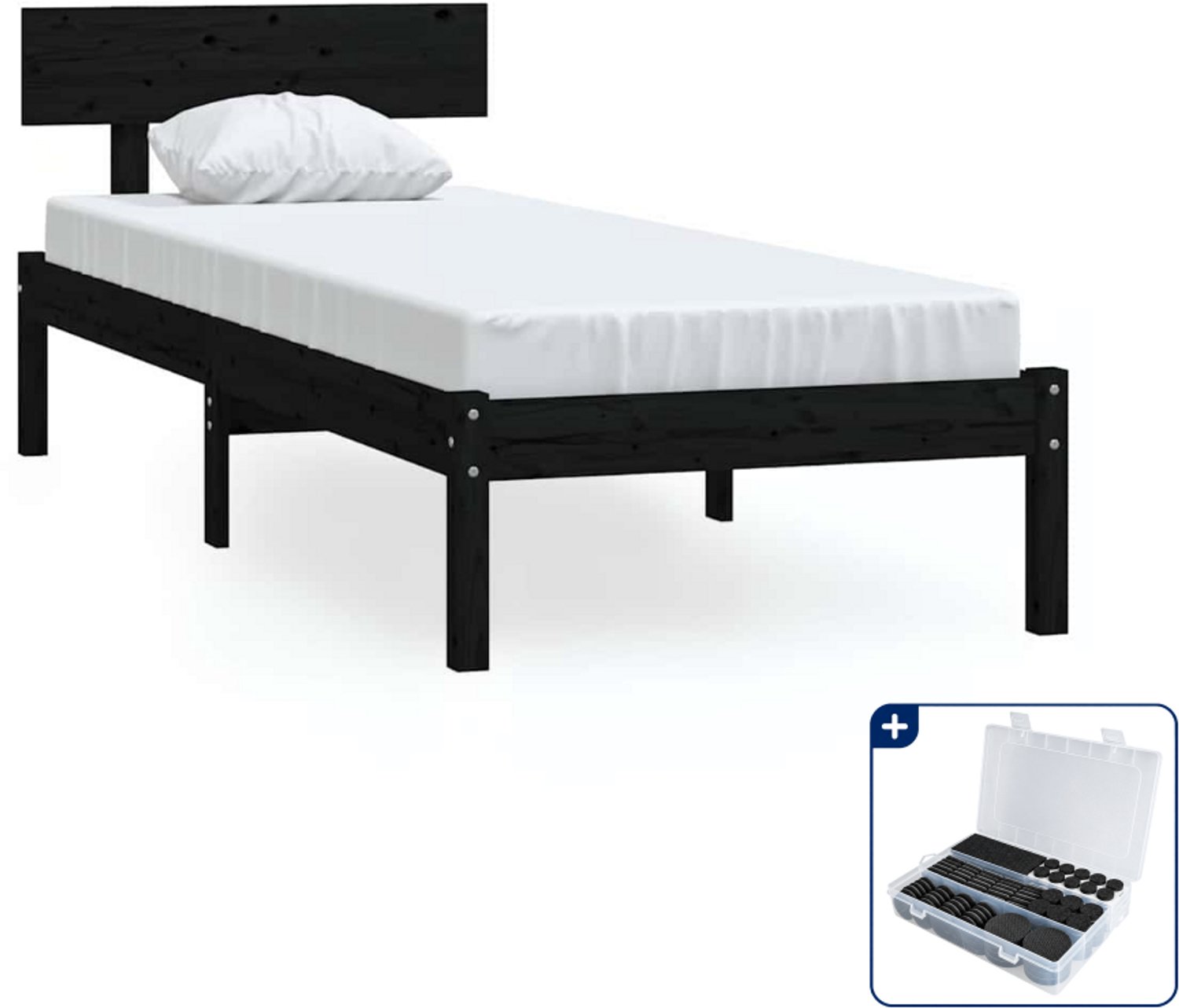 vidaXL bedframe - 90 x 190 cm - massief grenenhout - zwart - Inclusief antikrasvilt 177-delig