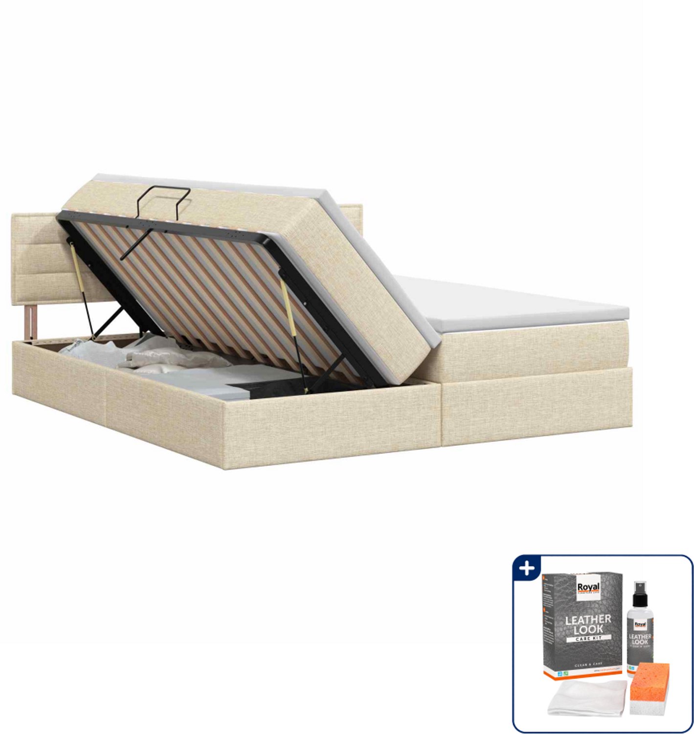 vidaXL Opbergbed 200 x 200 cm - kunstleer - crèmekleurig - Inclusief onderhoudsset voor kunstleer 150 ml
