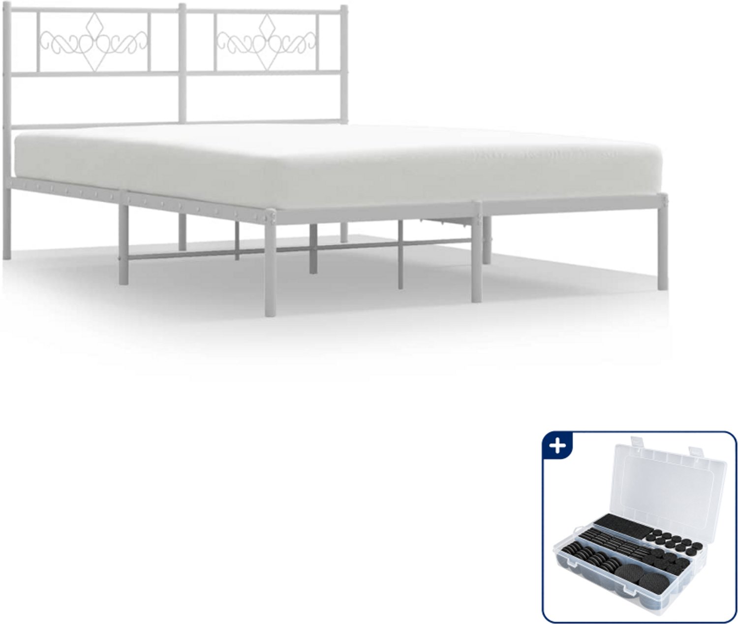 vidaXL bedframe met hoofdbord - 135 x 190 cm - staal - wit - Inclusief antikrasvilt 177-delig