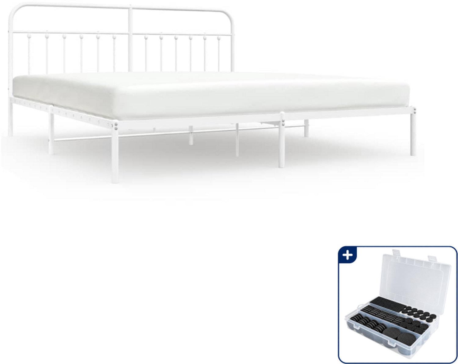 vidaXL Bedframe met hoofdbord - 193 x 203 cm - staal - wit - Inclusief antikrasvilt 177-delig