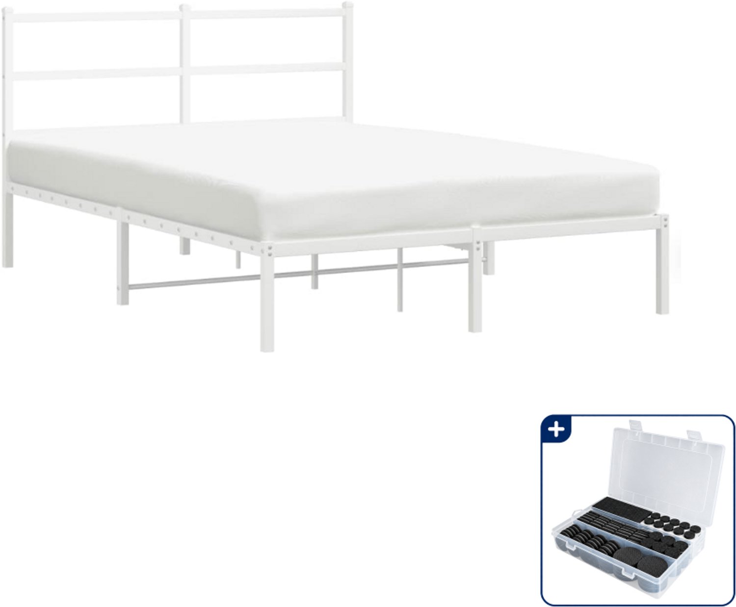 vidaXL bedframe met hoofdbord - 135 x 190 cm - staal - wit - Inclusief antikrasvilt 177-delig