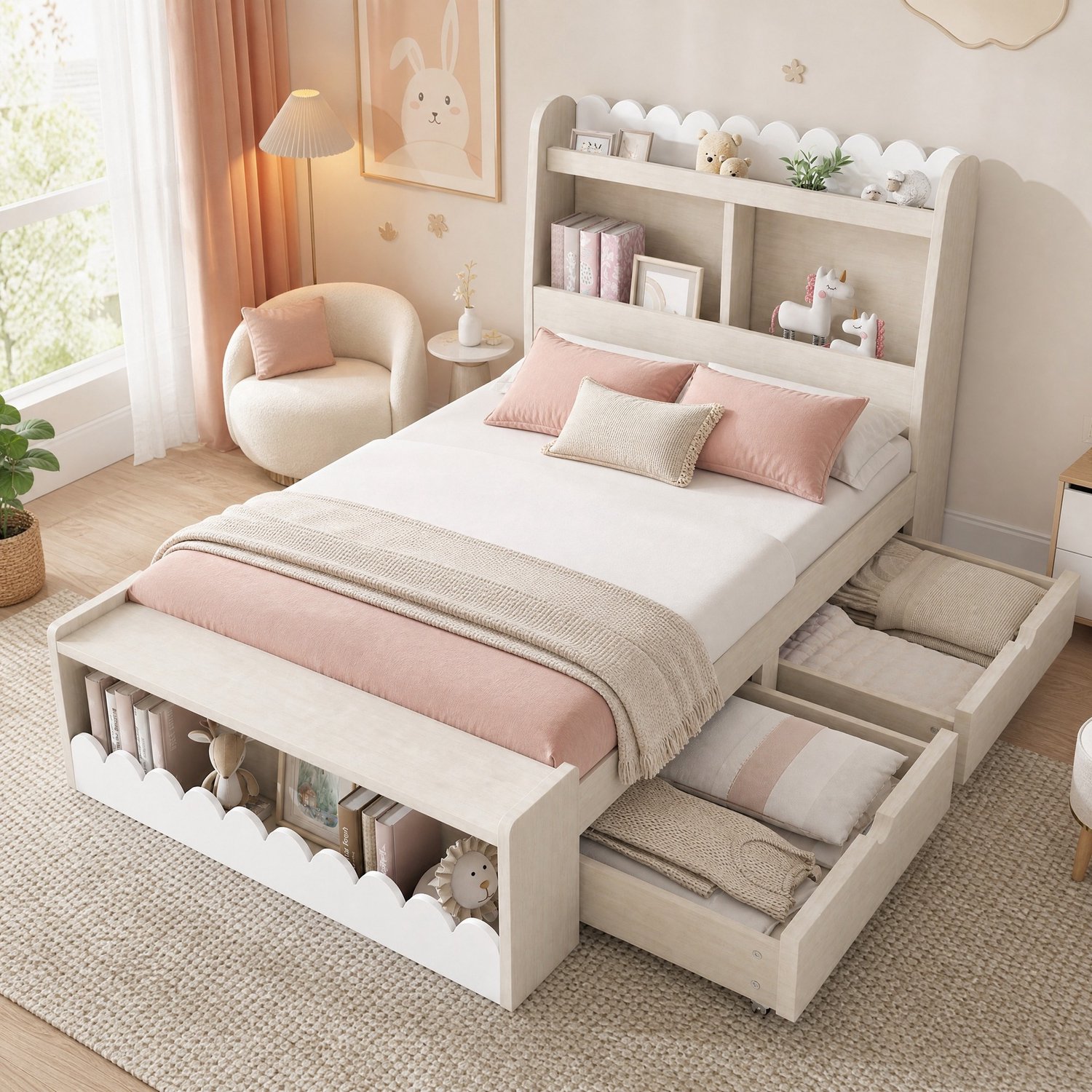 Maisentiel Kinderbed 90 x 190 cm met lades, opbergrekken en lattenbodem - wit en licht eikenkleur Wit en eikenkleur
