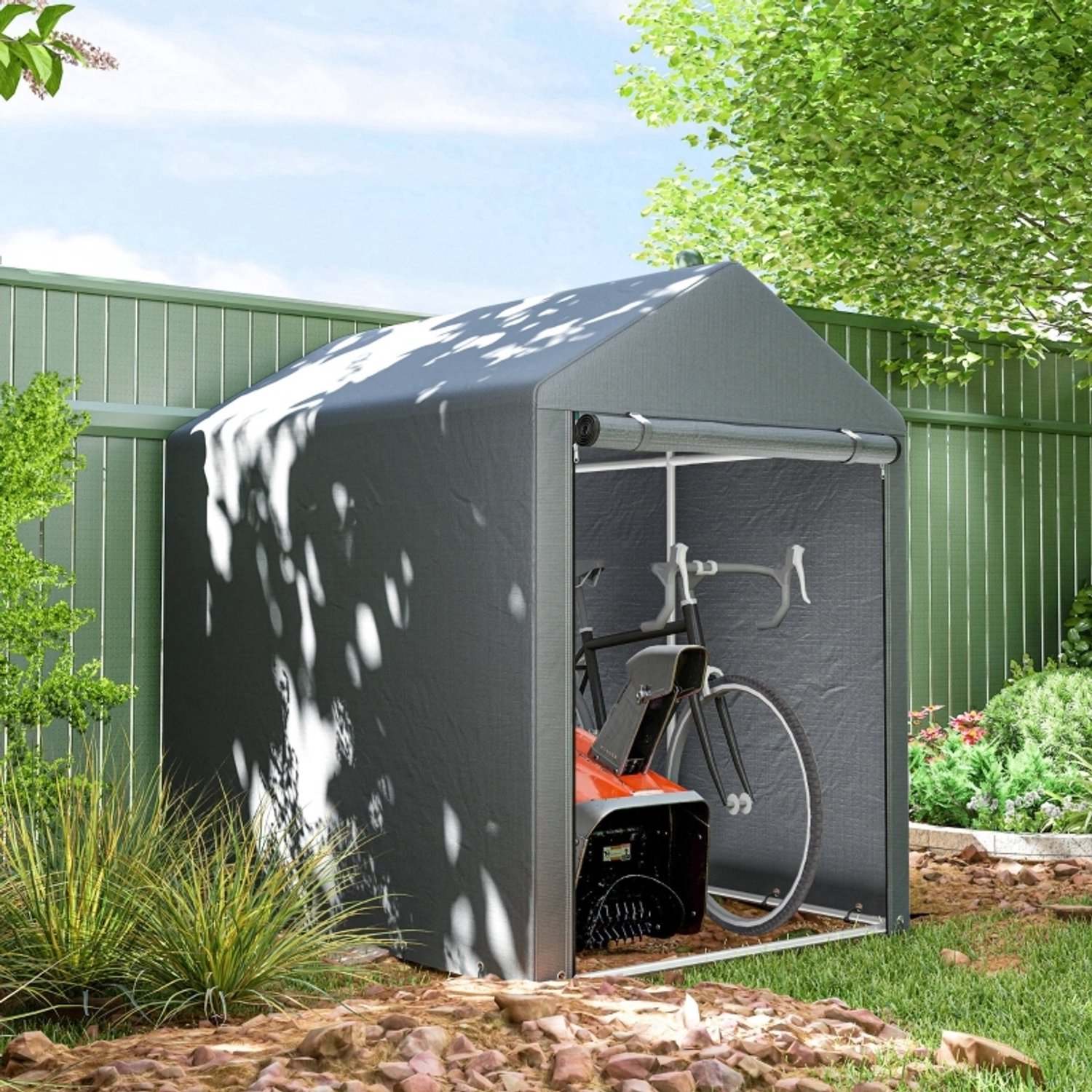 Opslagtent Beschermend – 120 x 179 x 165 cm – Verzinkt Staal en Polyetheen – Donkergrijs – Voor Fietsen en Tuingereedschap – Met Ritsdeur
