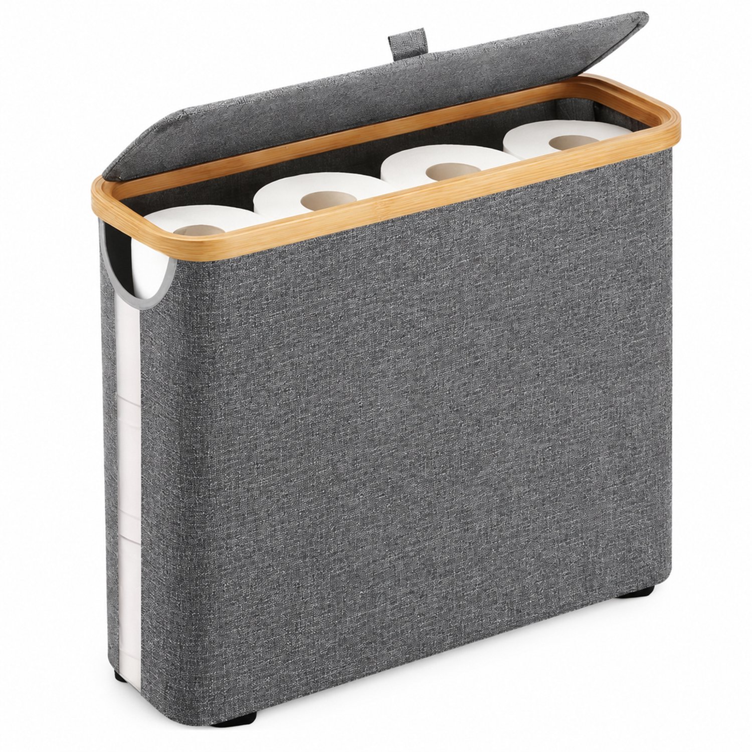 Smalle opbergmand met deksel, 45 x 15 x 35 cm, grijs, Oxford-stof met bamboe rand voor badkamer en huis