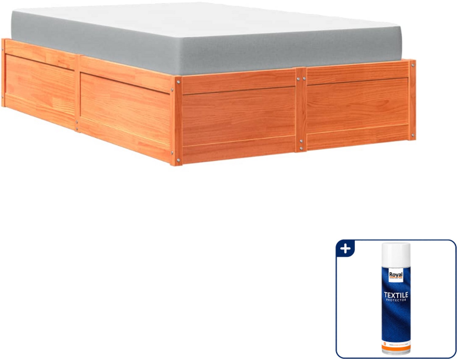 vidaXL bed met matras - 140 x 190 cm - massief grenenhout - wasbruin - Inclusief textielbeschermer 500 ml