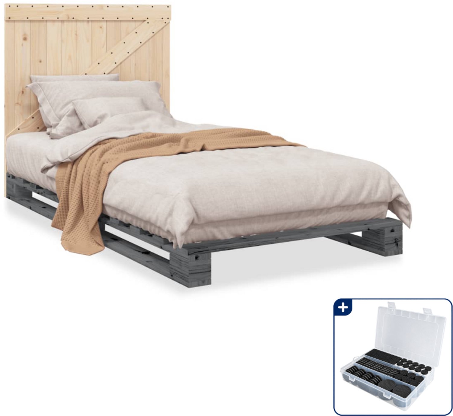 vidaXL bedframe met hoofdbord - 100 x 200 cm - massief grenenhout - grijs - Inclusief antikrasvilt 177-delig Bruin