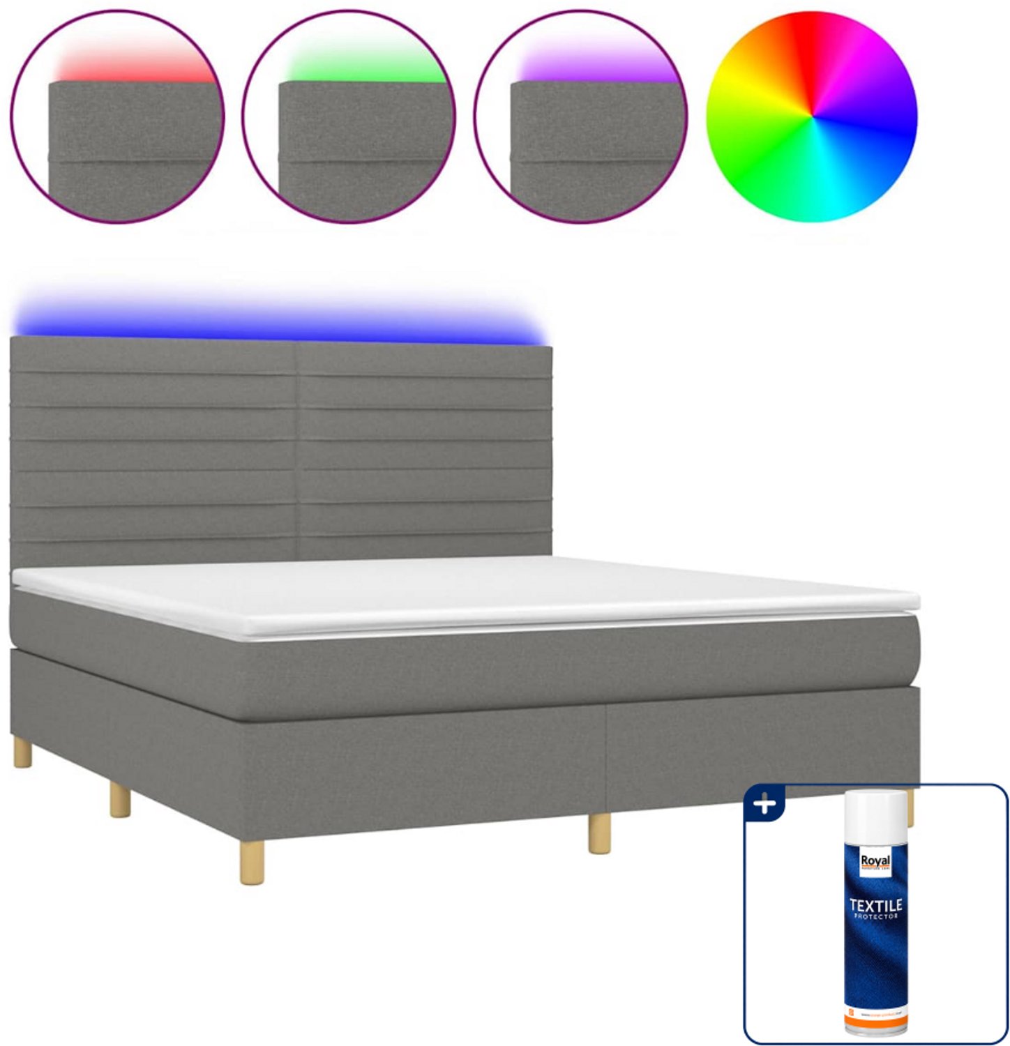 vidaXL boxspring met matras en LED - Queensize - donkergrijs - Inclusief textielbeschermer 500 ml