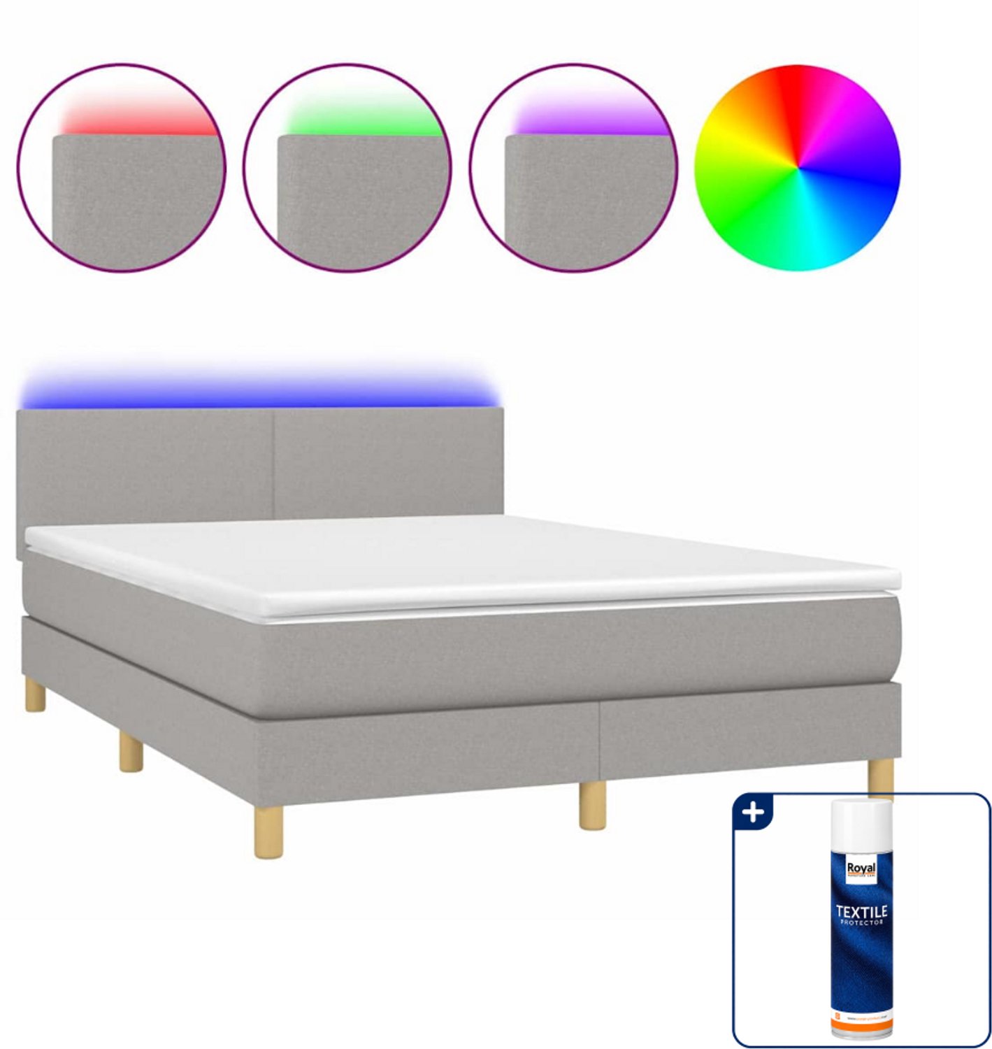 vidaXL boxspring met matras en LED - 140 x 190 cm - lichtgrijs - Inclusief textielbeschermer 500 ml