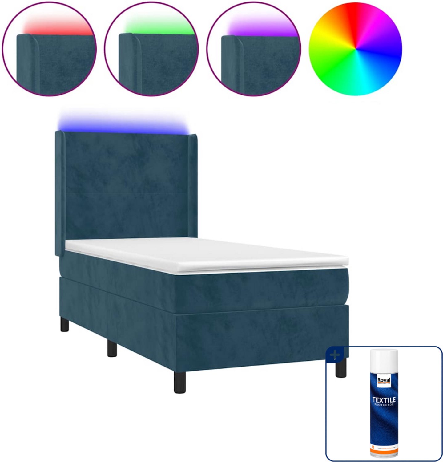 vidaXL Boxspring met matras en LED - 90 x 190 cm - fluweel - donkerblauw - Inclusief textielbeschermer 500 ml