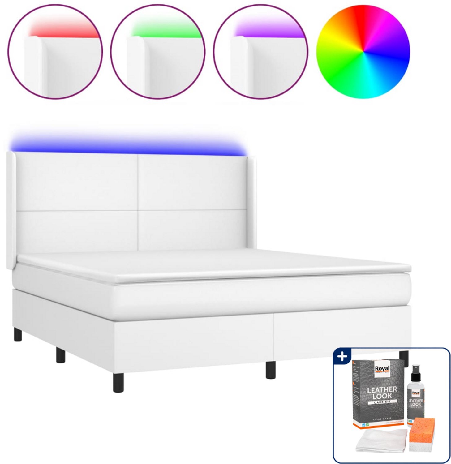 vidaXL Queensize boxspring met matras en LED - 160 x 200 cm - wit - Inclusief onderhoudsset voor kunstleer 150 ml