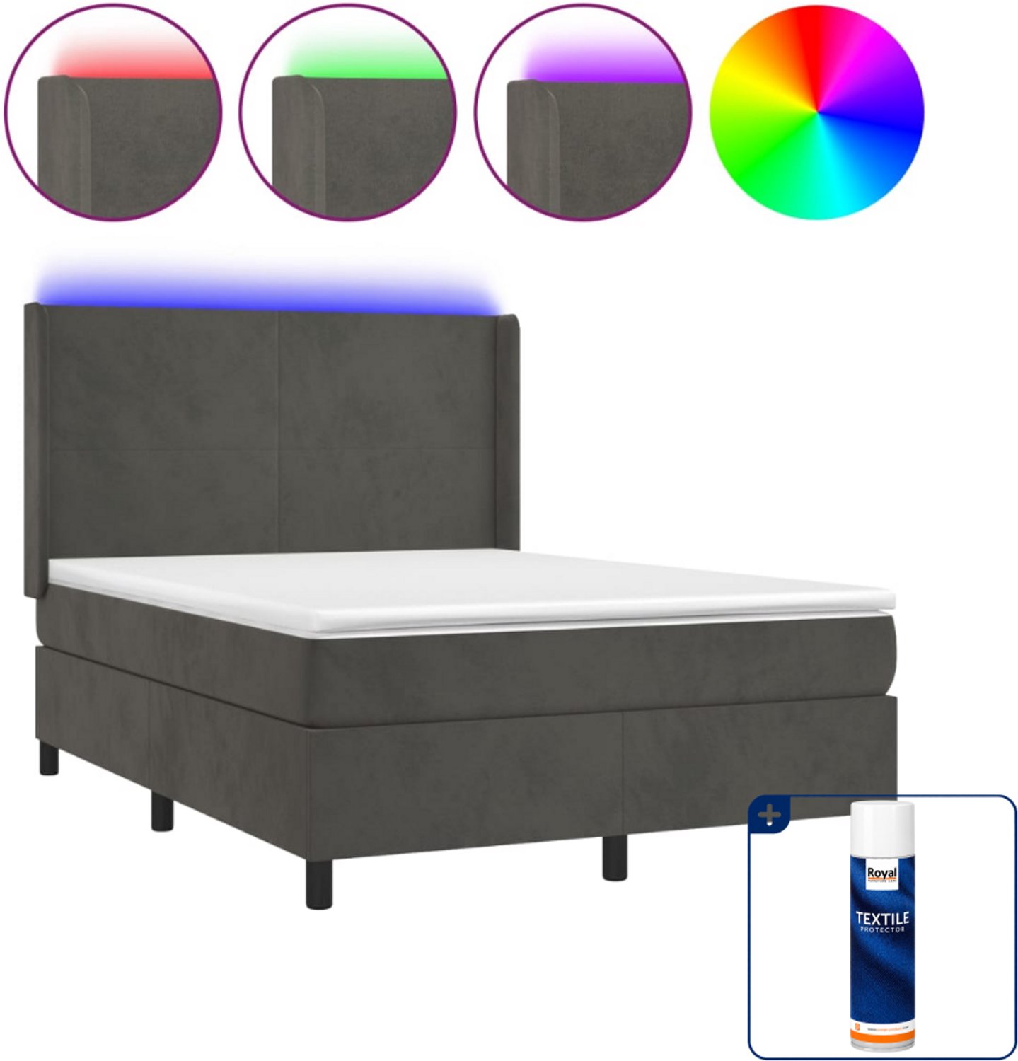 vidaXL boxspring met matras en led - 140 x 190 cm - fluweel - donkergrijs - Inclusief textielbeschermer 500 ml