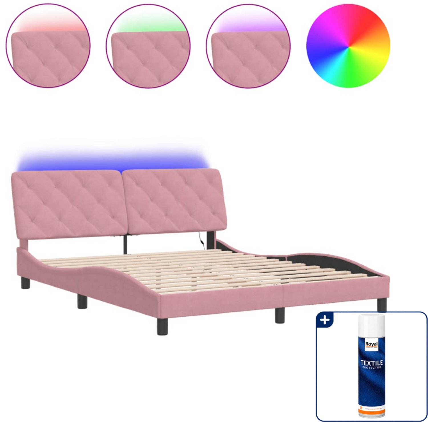 vidaXL Queensize bedframe 160 x 200 cm met LED - roze - Inclusief textielbeschermer 500 ml
