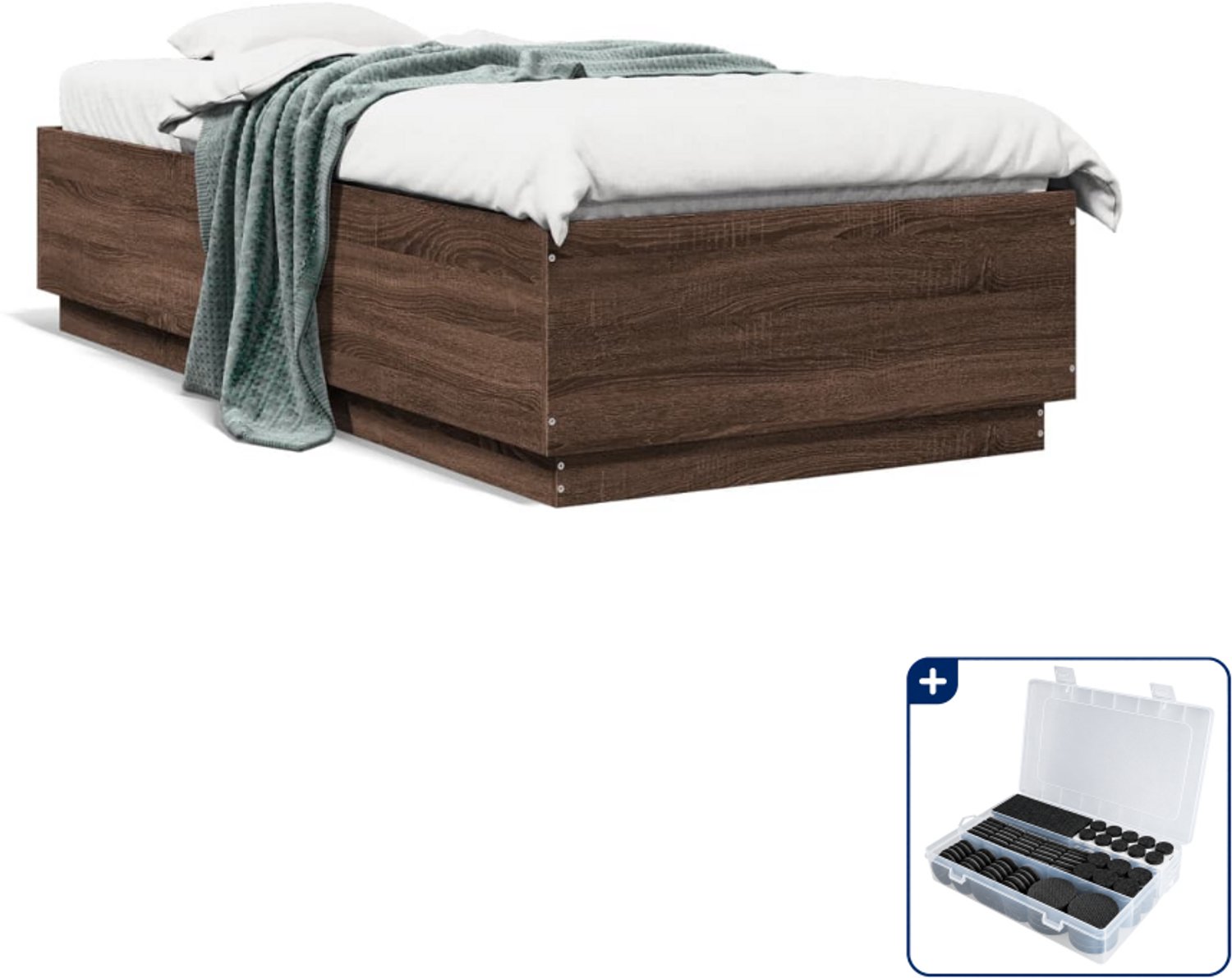 vidaXL bedframe - 90 x 200 cm - bewerkt hout - bruineiken - Inclusief antikrasvilt 177-delig Blauw