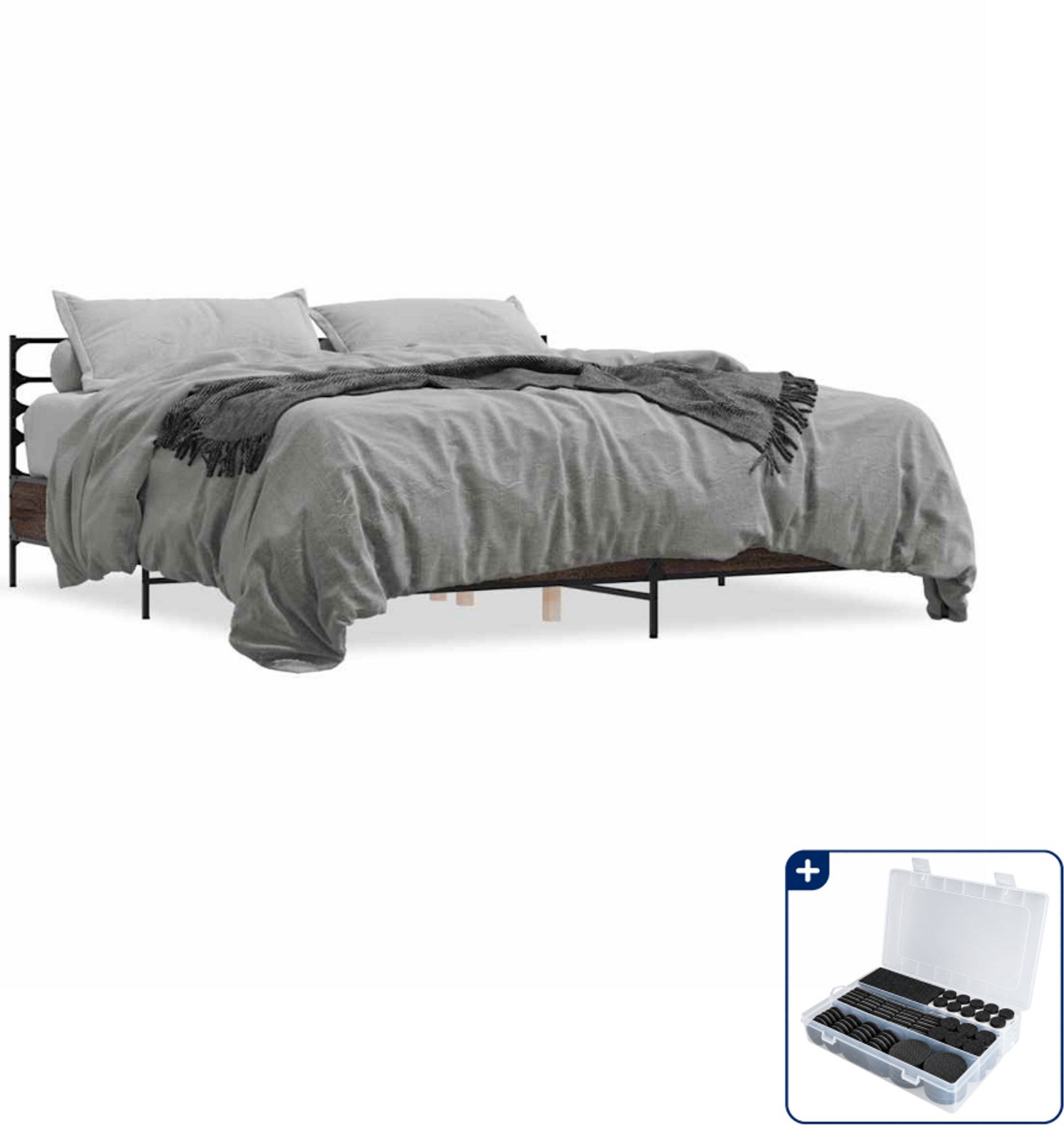 vidaXL bedframe - 200 x 200 cm - bewerkt hout en metaal - bruineiken - Inclusief antikrasvilt 177-delig Wit